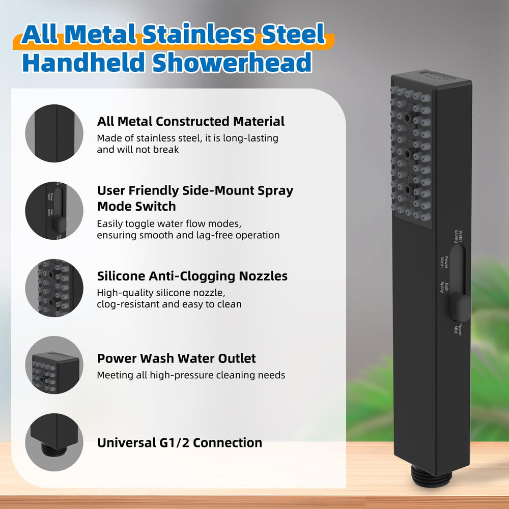 Hibbent 3-way diverter with 118-inch hose enables hand-held and rainfall modes.