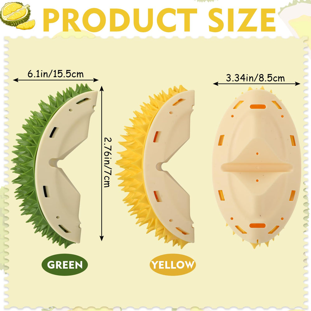Hiboom durian-shaped scratchers green yellow side-angle captures grooming and interactive play at home