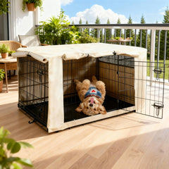 HiCaptain dog crate cover front view in beige offers calm privacy.