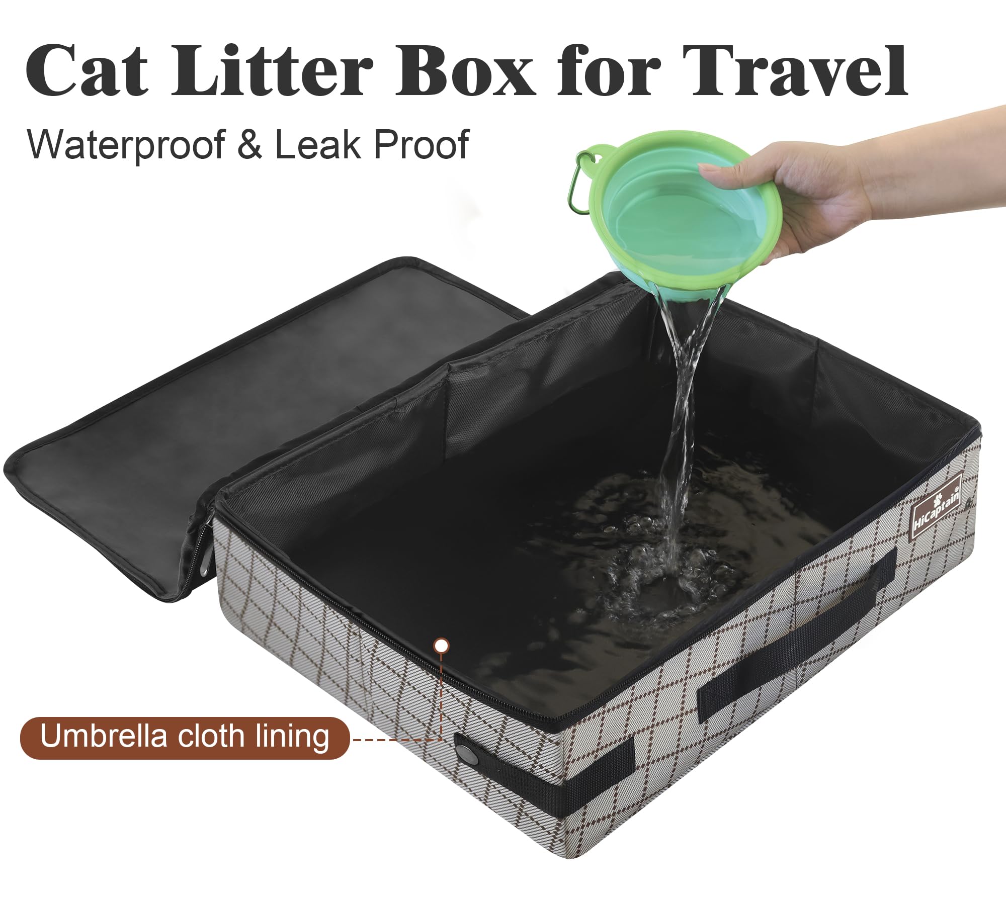 HiCaptain foldable cat travel litter box in khaki, demonstrates compact storage