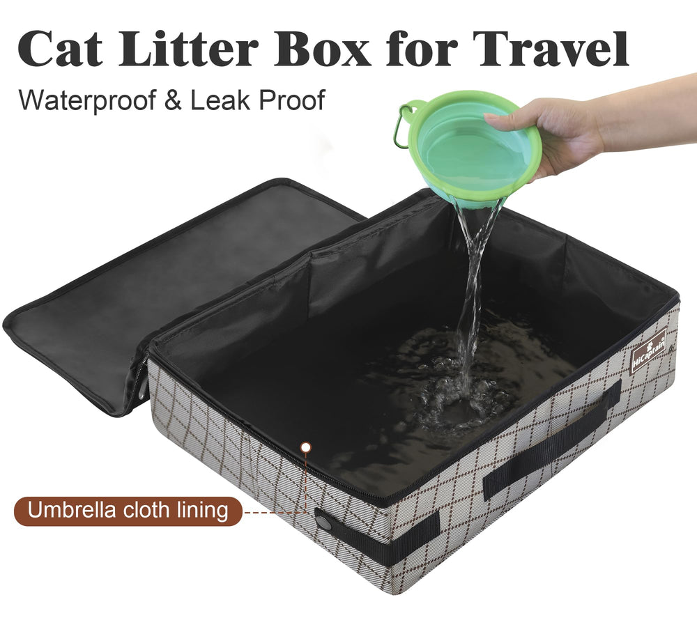 HiCaptain foldable cat travel litter box in khaki, demonstrates compact storage