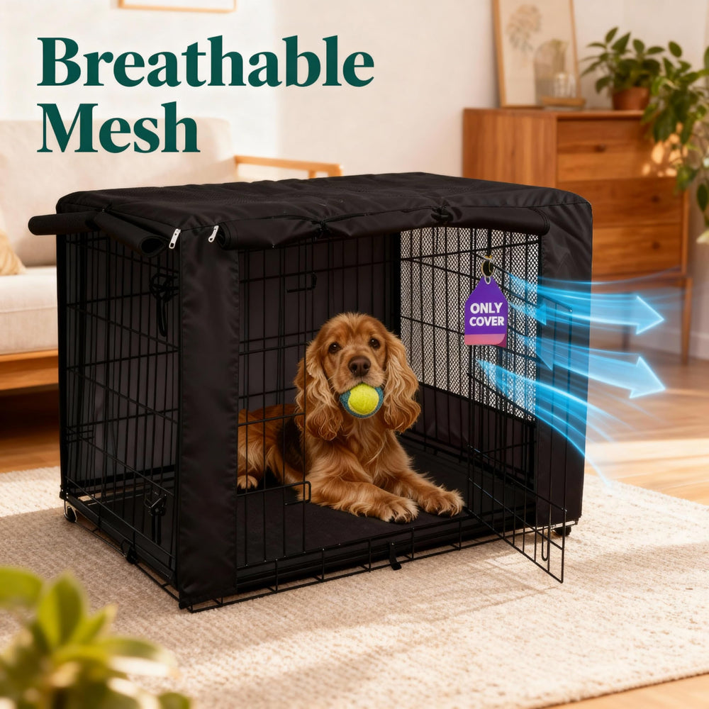 HiCaptain heavy-duty kennel cover side view shows durable fabric protecting the crate.