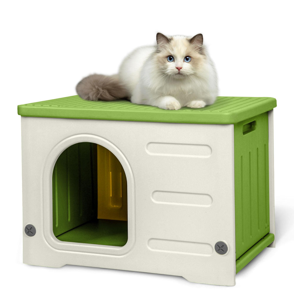 HiCaptain plastic cat house front view shows weatherproof outdoor shelter