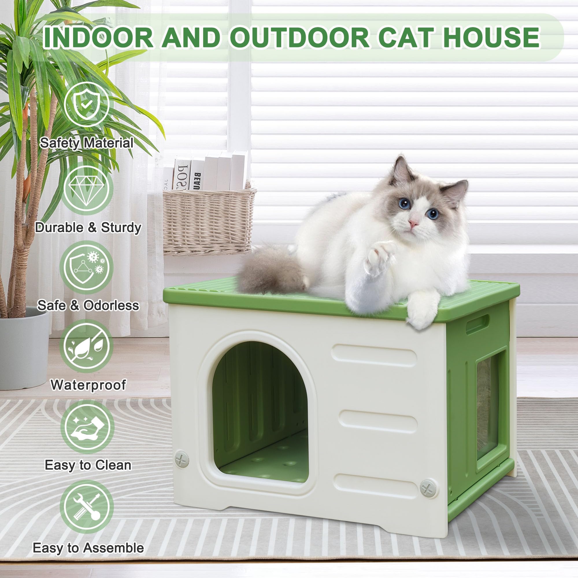 HiCaptain plastic cat house with PVC curtains enhances airflow and shade.