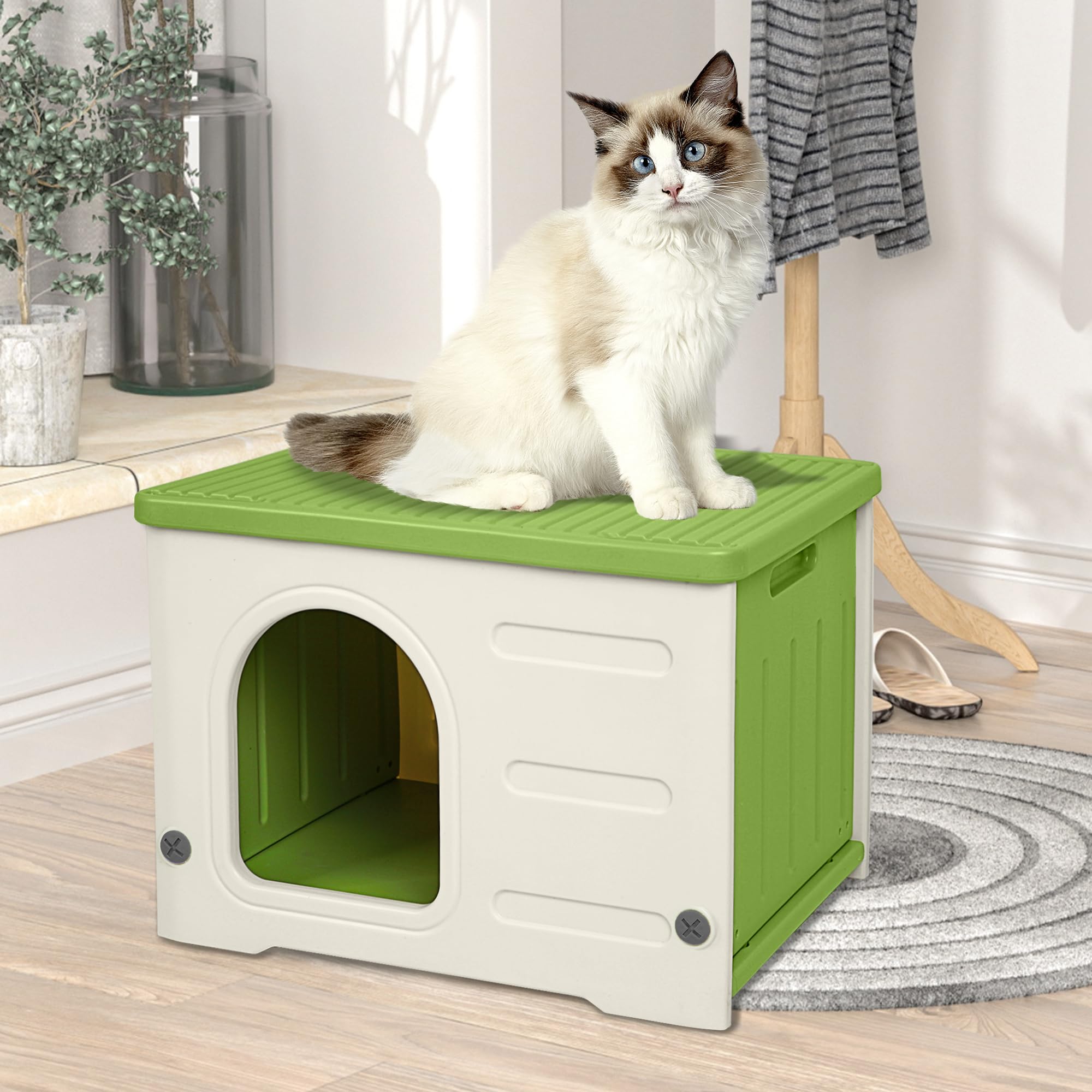 HiCaptain plastic cat house side view demonstrates stackable design for multi-cat homes