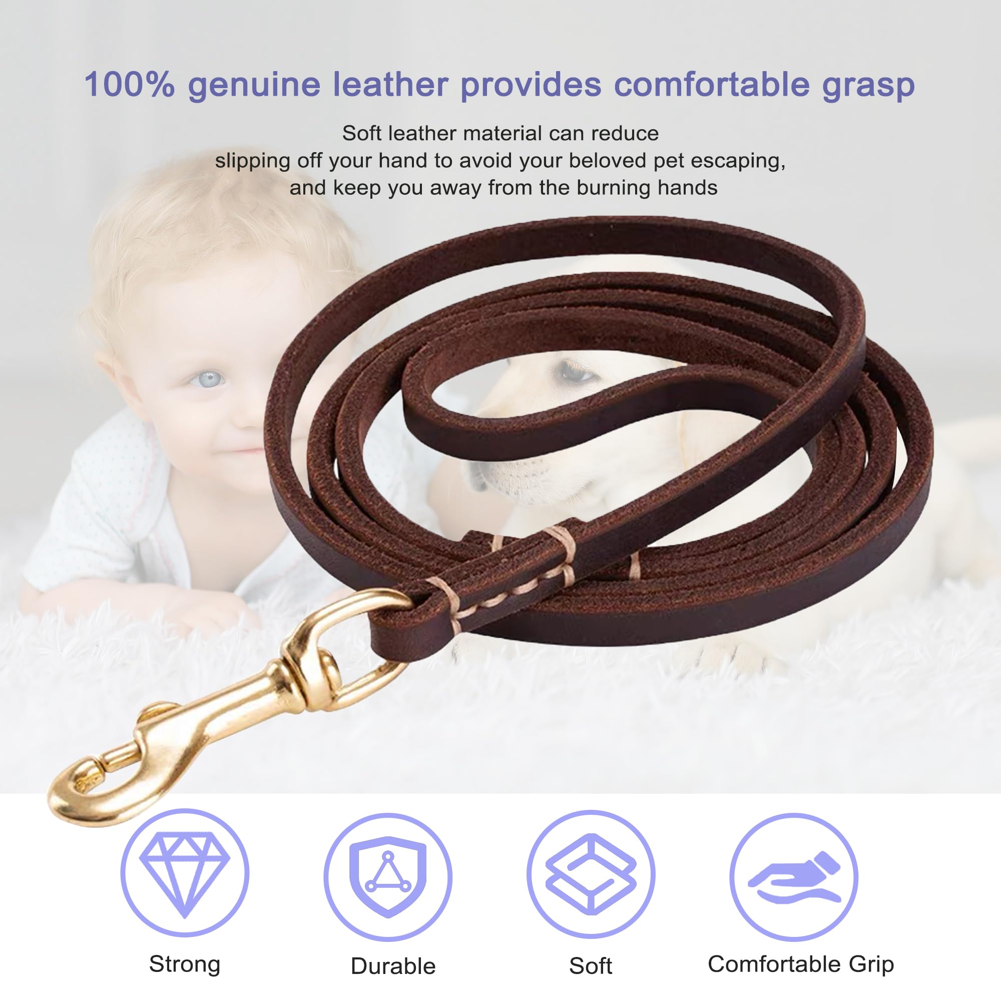 HiCaptain thin leather dog leash with swivel clasp preventing tangles during walks.