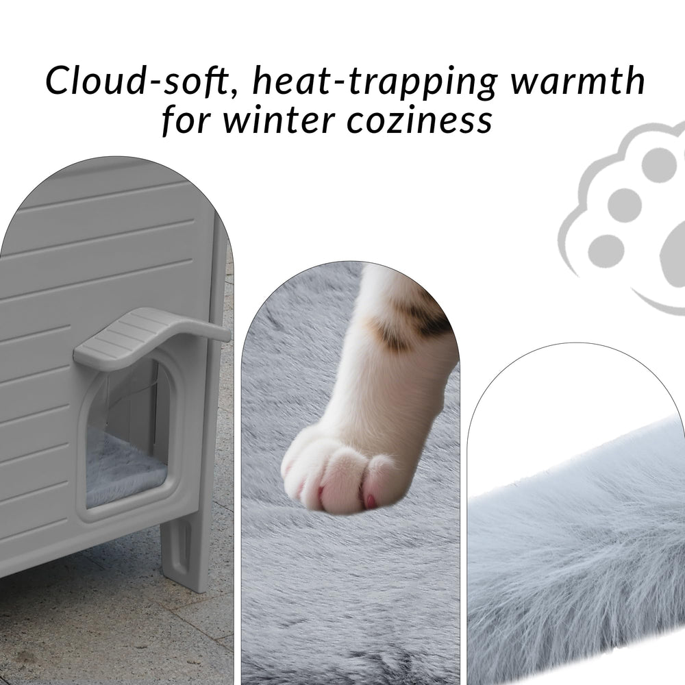 HiCaptain weatherproof cat house elevated base keeps cats dry and above ground moisture.