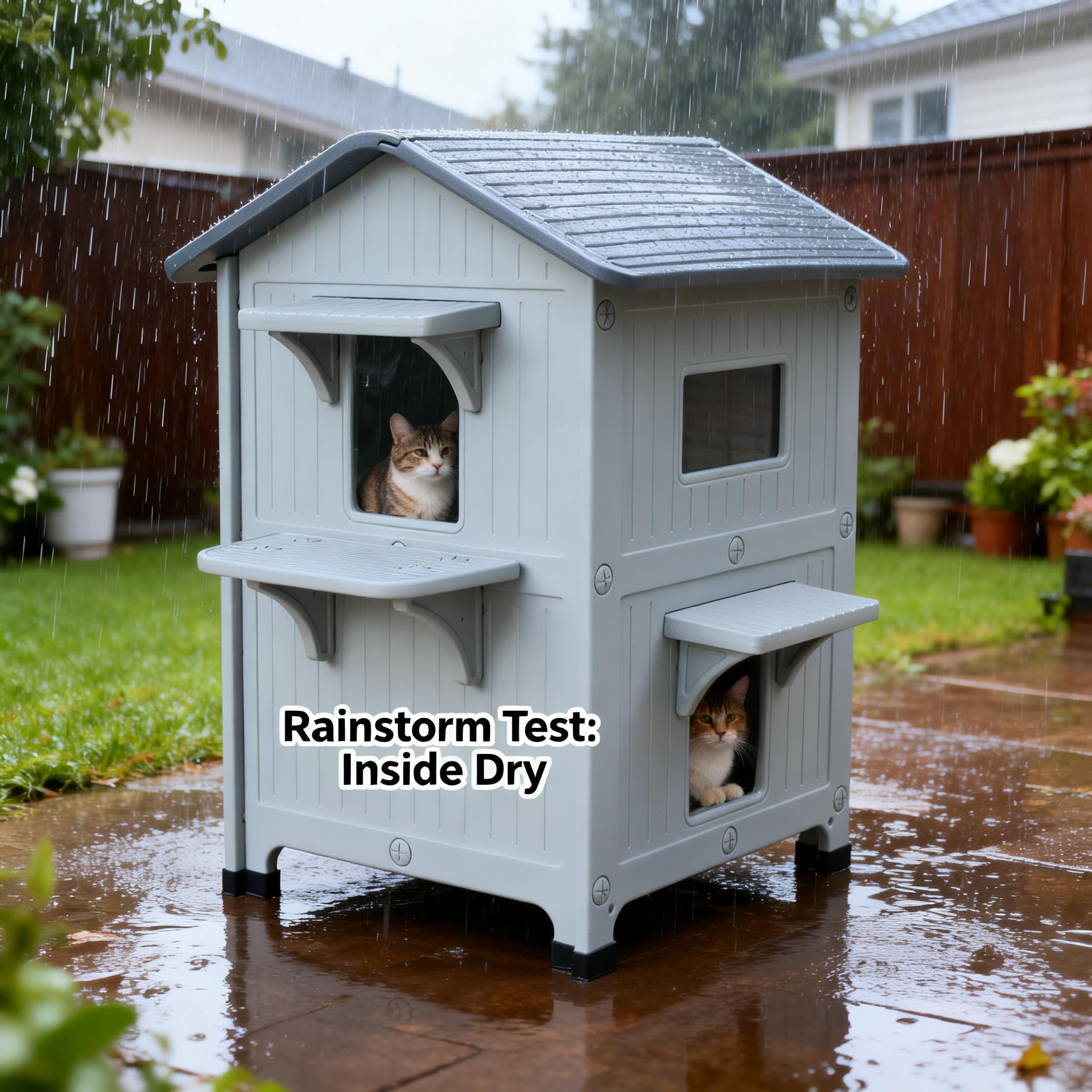 HiCaptain weatherproof cat house two storey balcony shows spacious multi-cat shelter