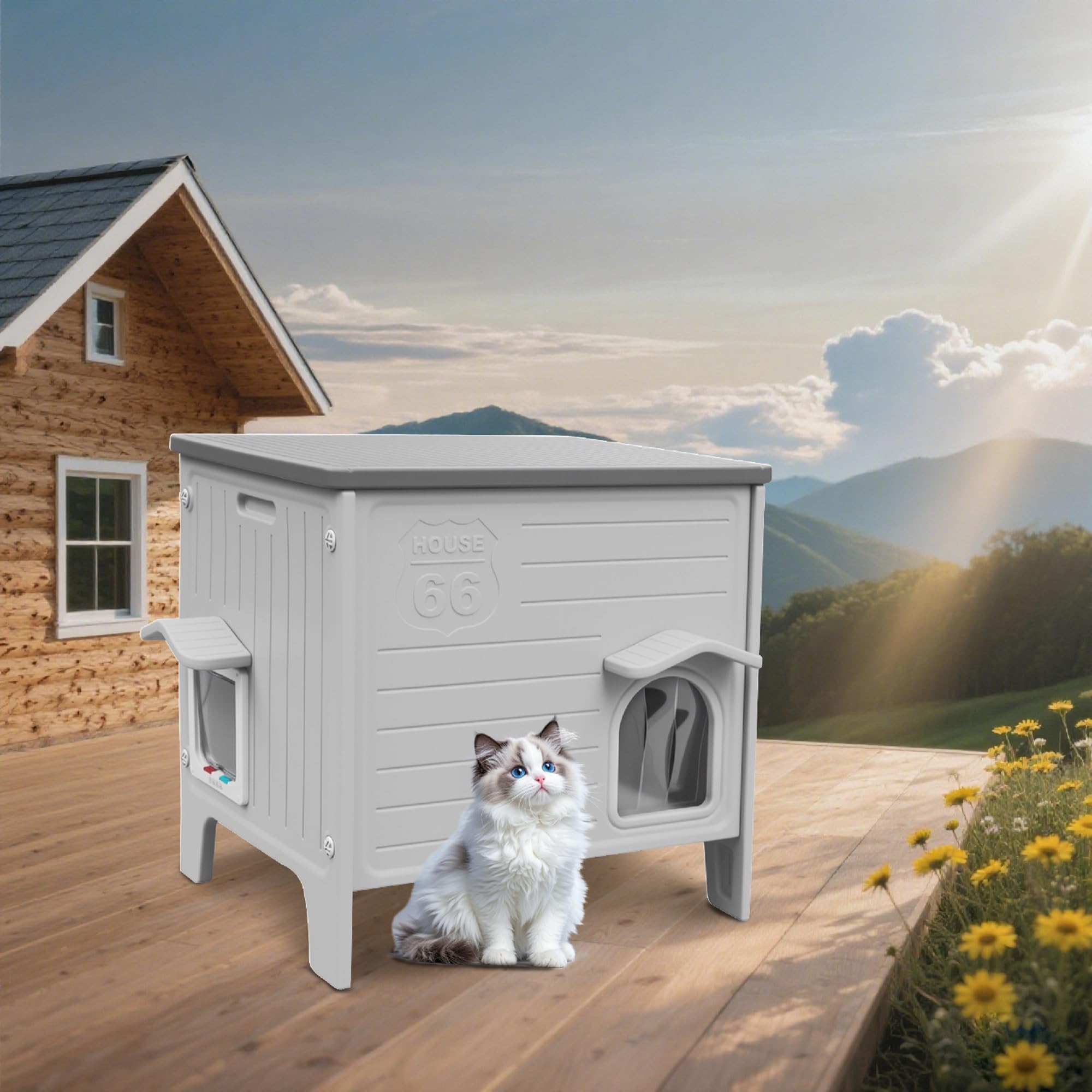 HiCaptain weatherproof outdoor cat house exterior in grey keeps cats comfortable in all weather