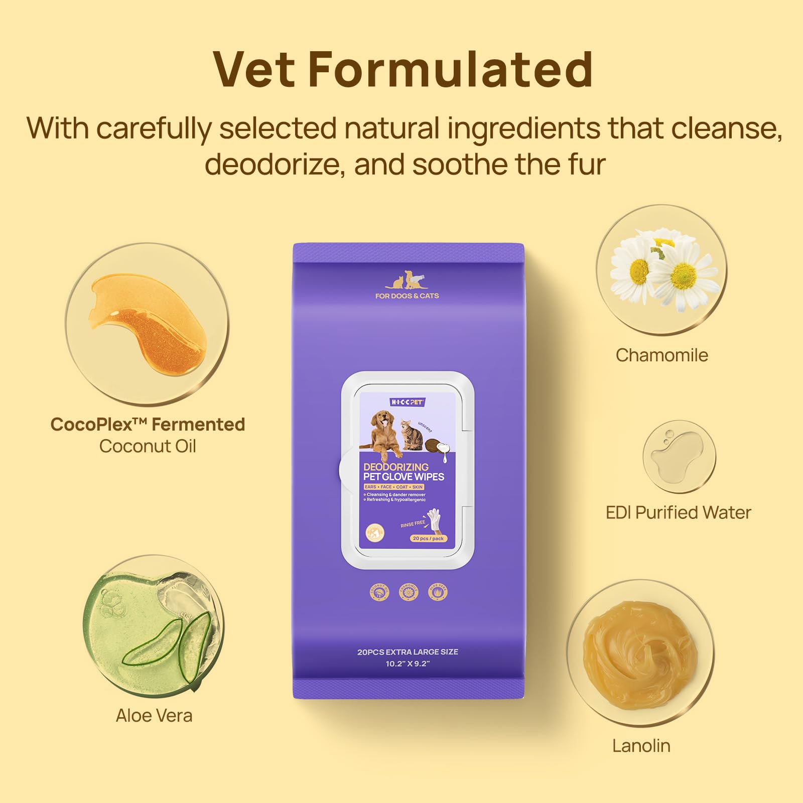 HICC PET coconut-scent wipe close-up with pleasant fragrance