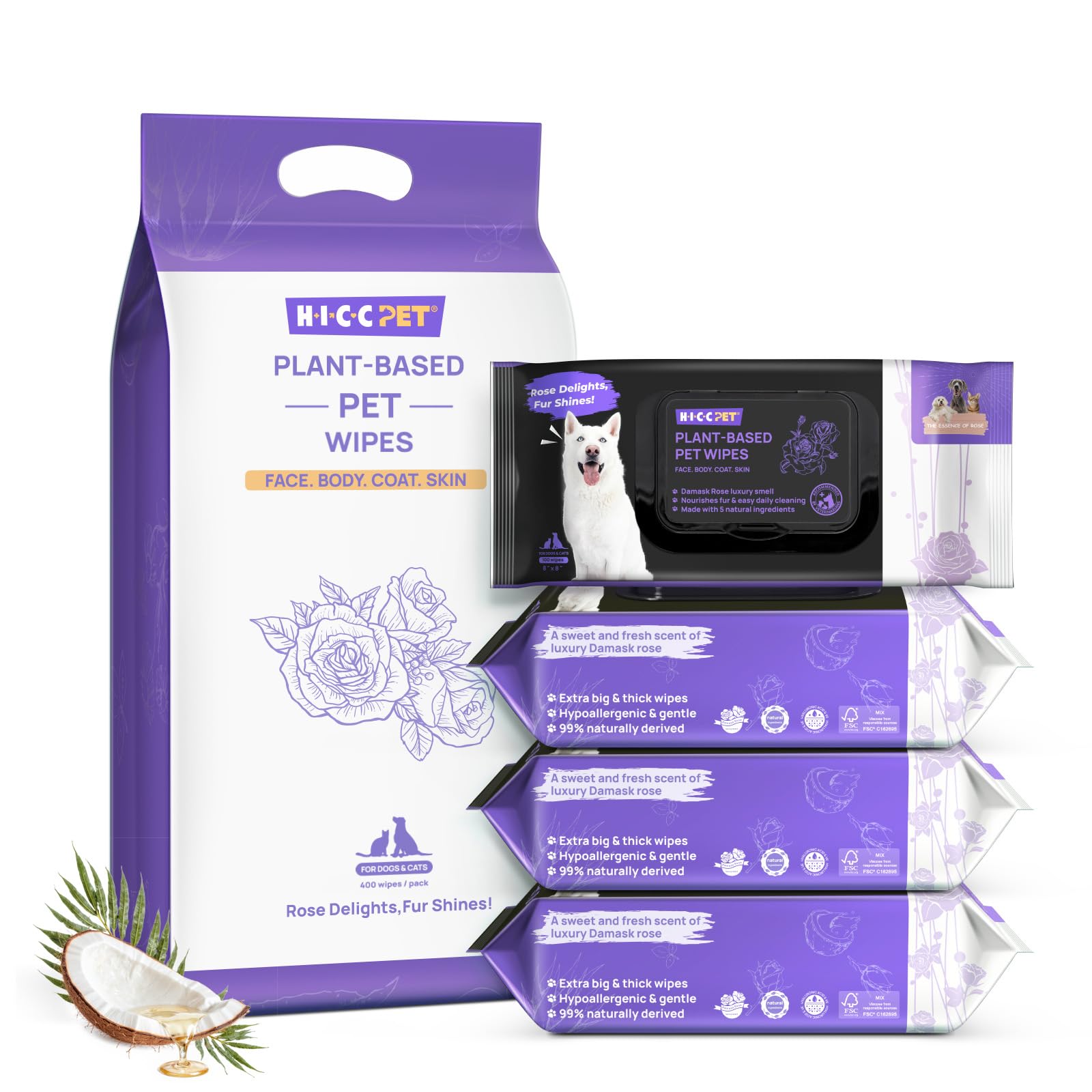 HICC PET Cleaning Deodorizing Wipes in Rose packaging for convenient grooming and odor control