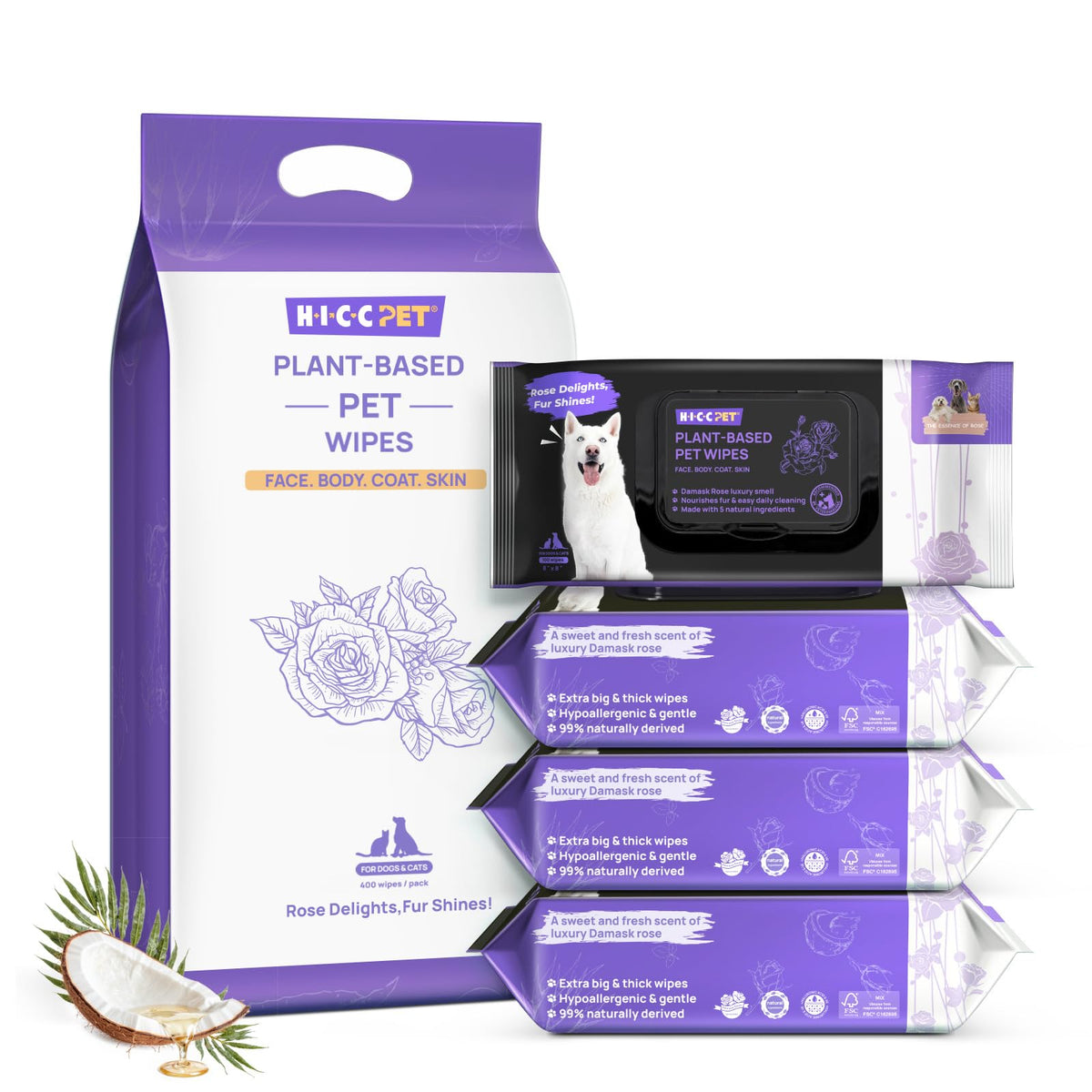 HICC PET Cleaning Deodorizing Wipes in Rose packaging for convenient grooming and odor control
