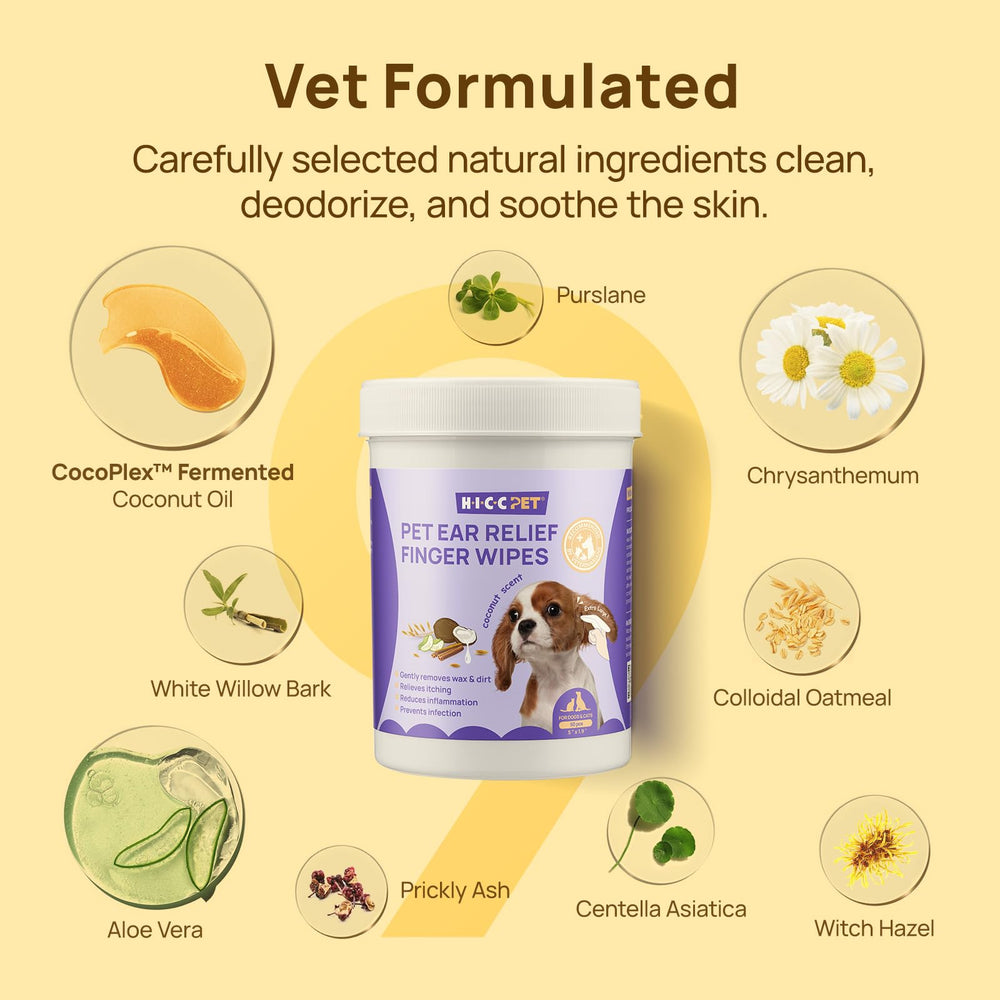 HICC PET ear cleaner finger wipes use biodegradable plant fibers gentle on delicate ears.