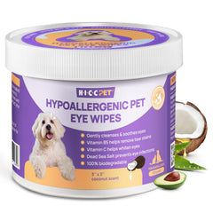 HICC PET Eyes Wipes packaging close-up for convenient at-home pet eye care.