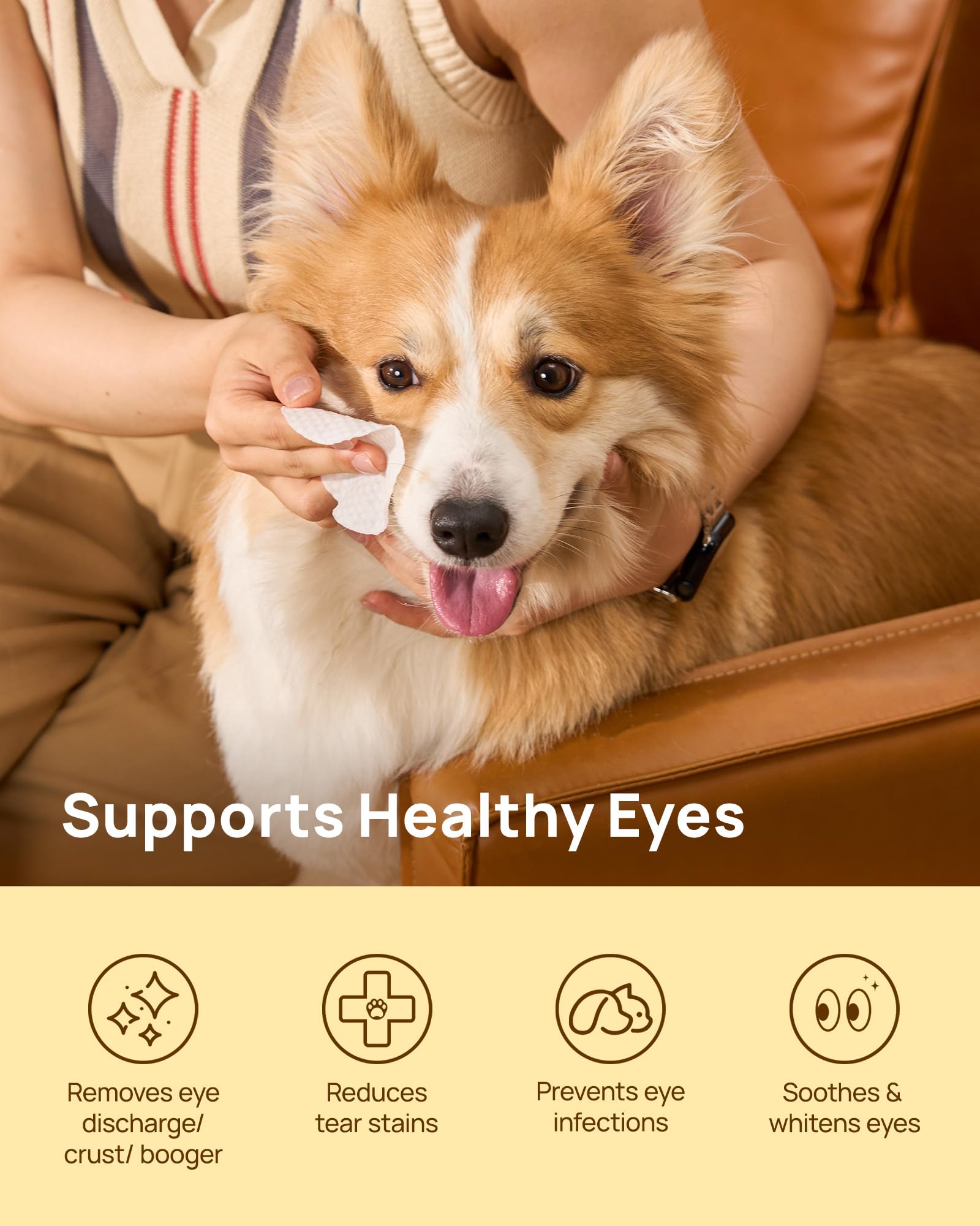 HICC PET Eyes Wipes soft-pearls texture demonstrates gentle eye cleaning.