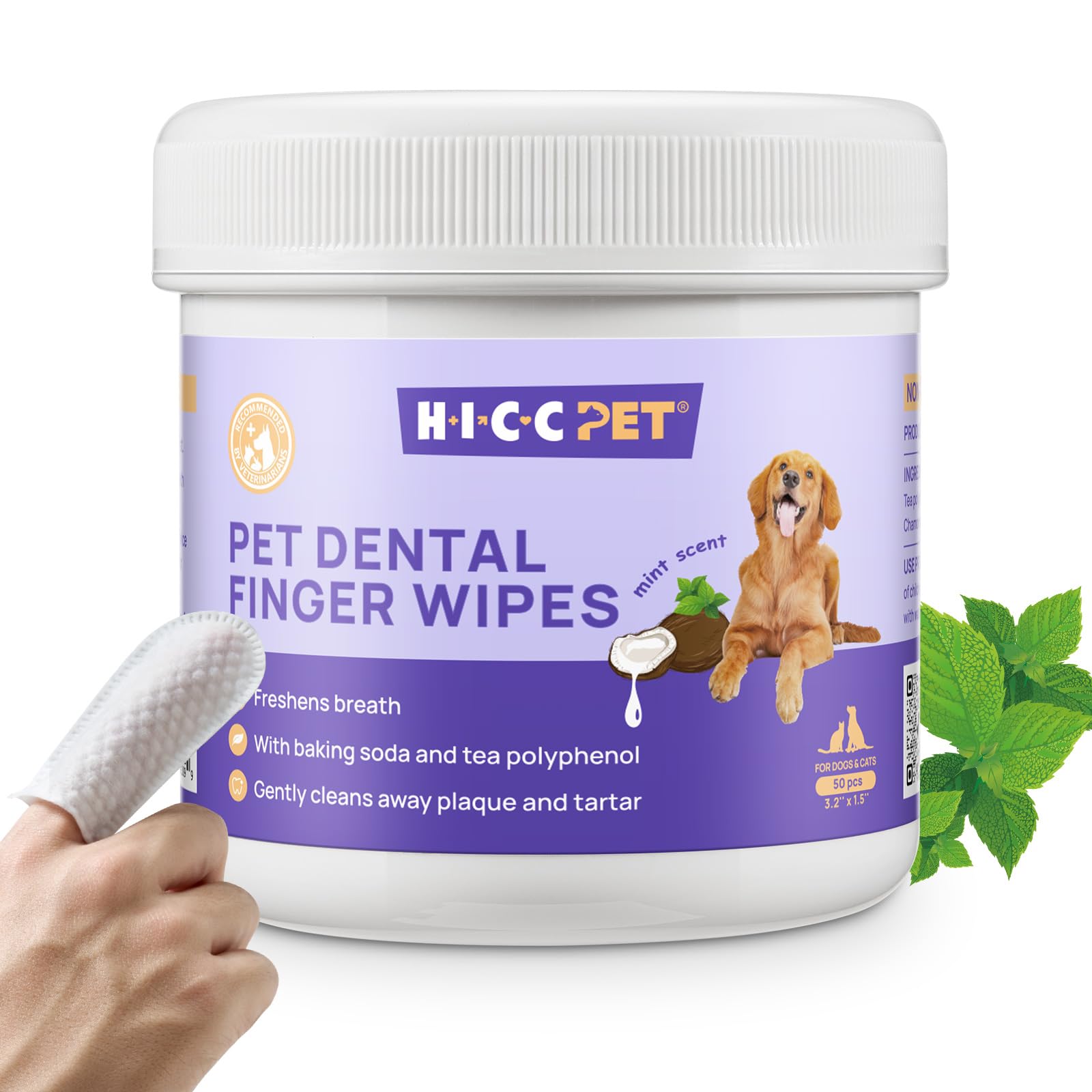 HICC Pet Teeth Cleaning Wipes packaging for dogs and cats ideal for quick dental care anywhere