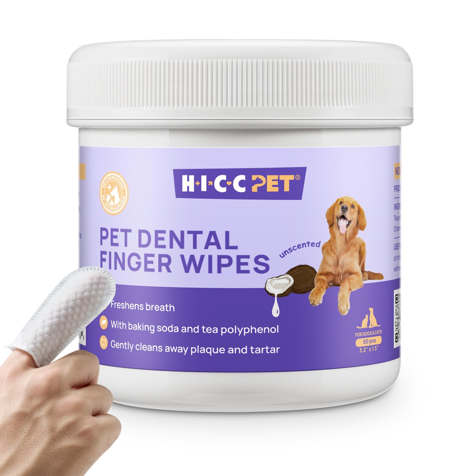 HICC PET teeth wipes pack close-up showing easy at-home dental care