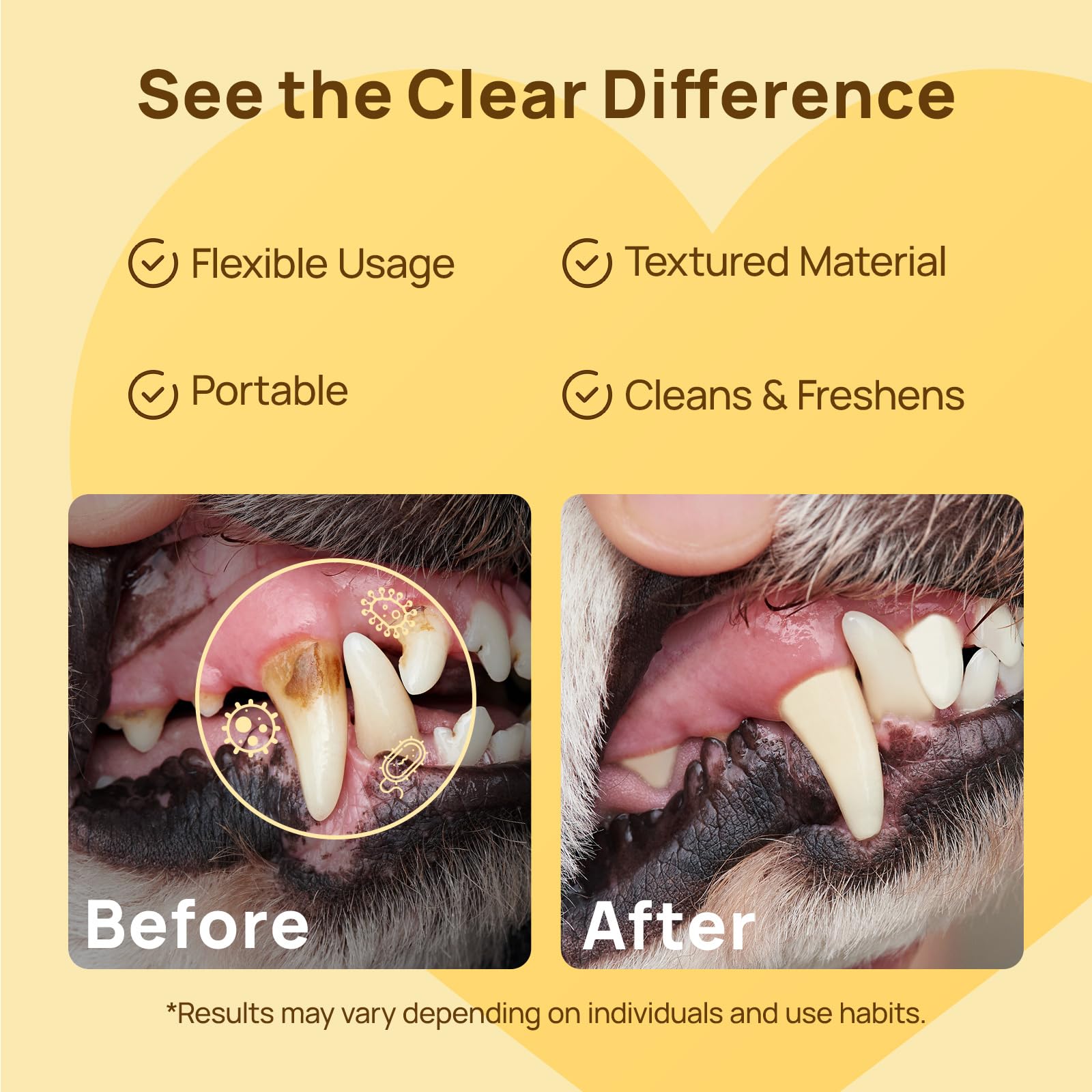 HICC PET teeth wipes safe formula close-up shows alcohol-free, fragrance-free ingredients