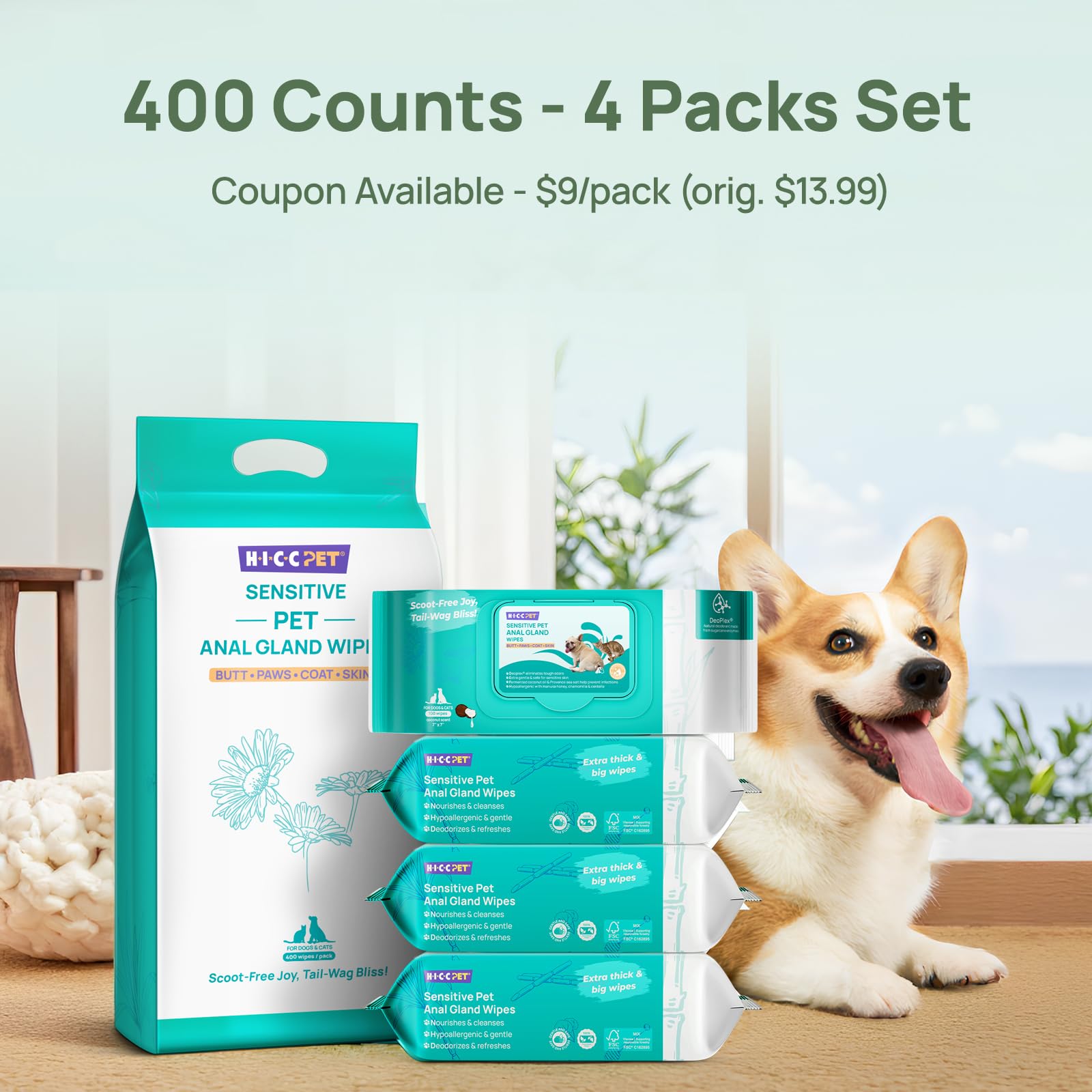 HICC PET wipes daily grooming solution for paws, face, ears, and anal area.