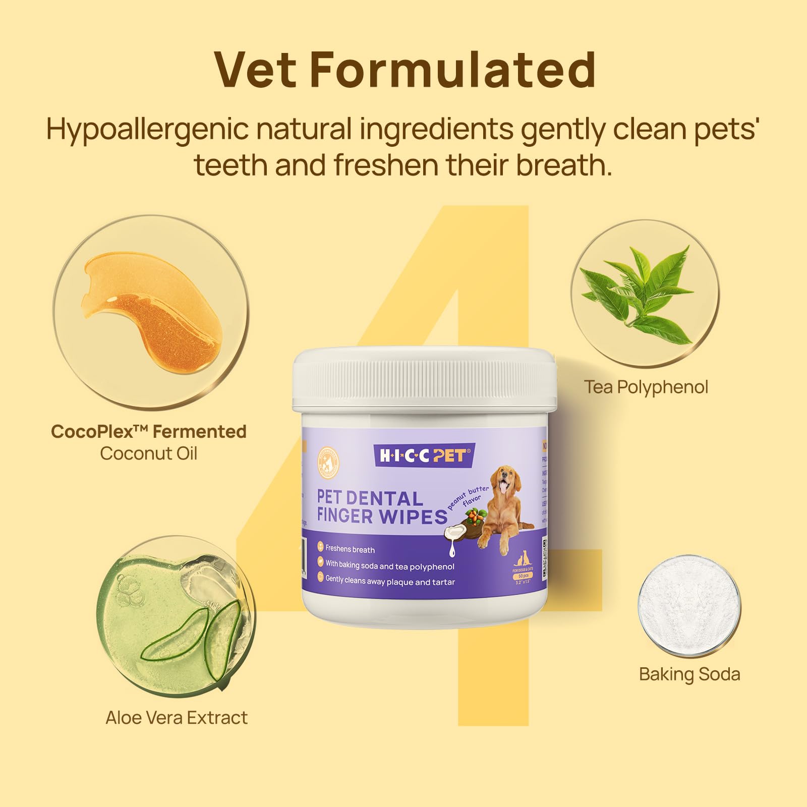 Close-up of HICC PET wipes removing plaque from a dog’s teeth.