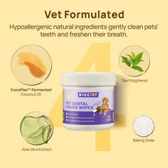 Close-up of HICC PET wipes removing plaque from a dog’s teeth.