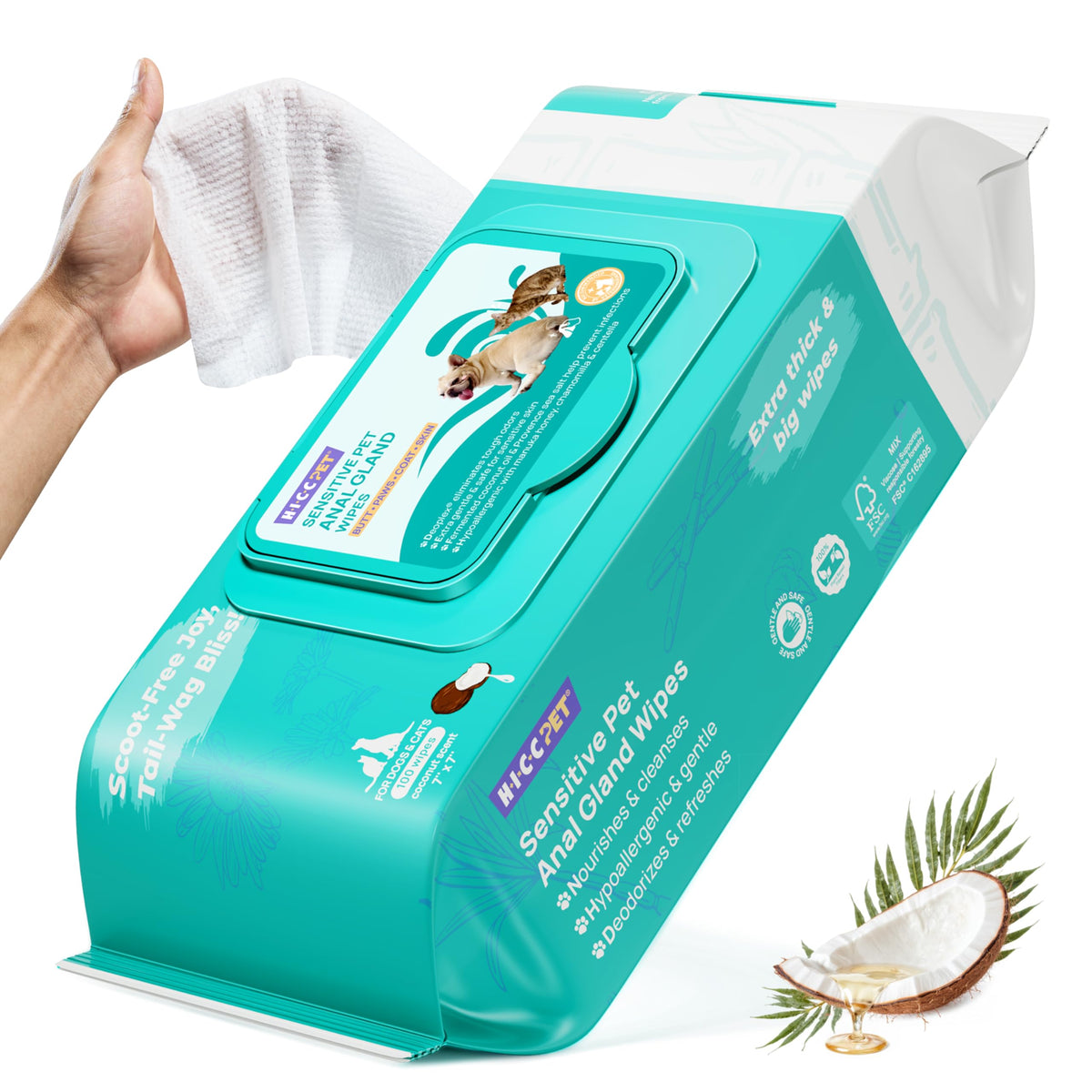HICC PET Wipes pack front showing convenient grooming for dogs and cats