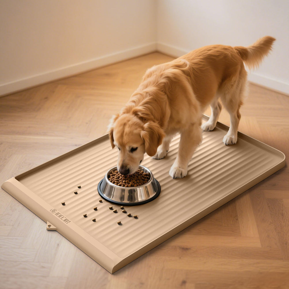 HICOOI dog food mat overview shows large 36x24 size for clean feeding areas