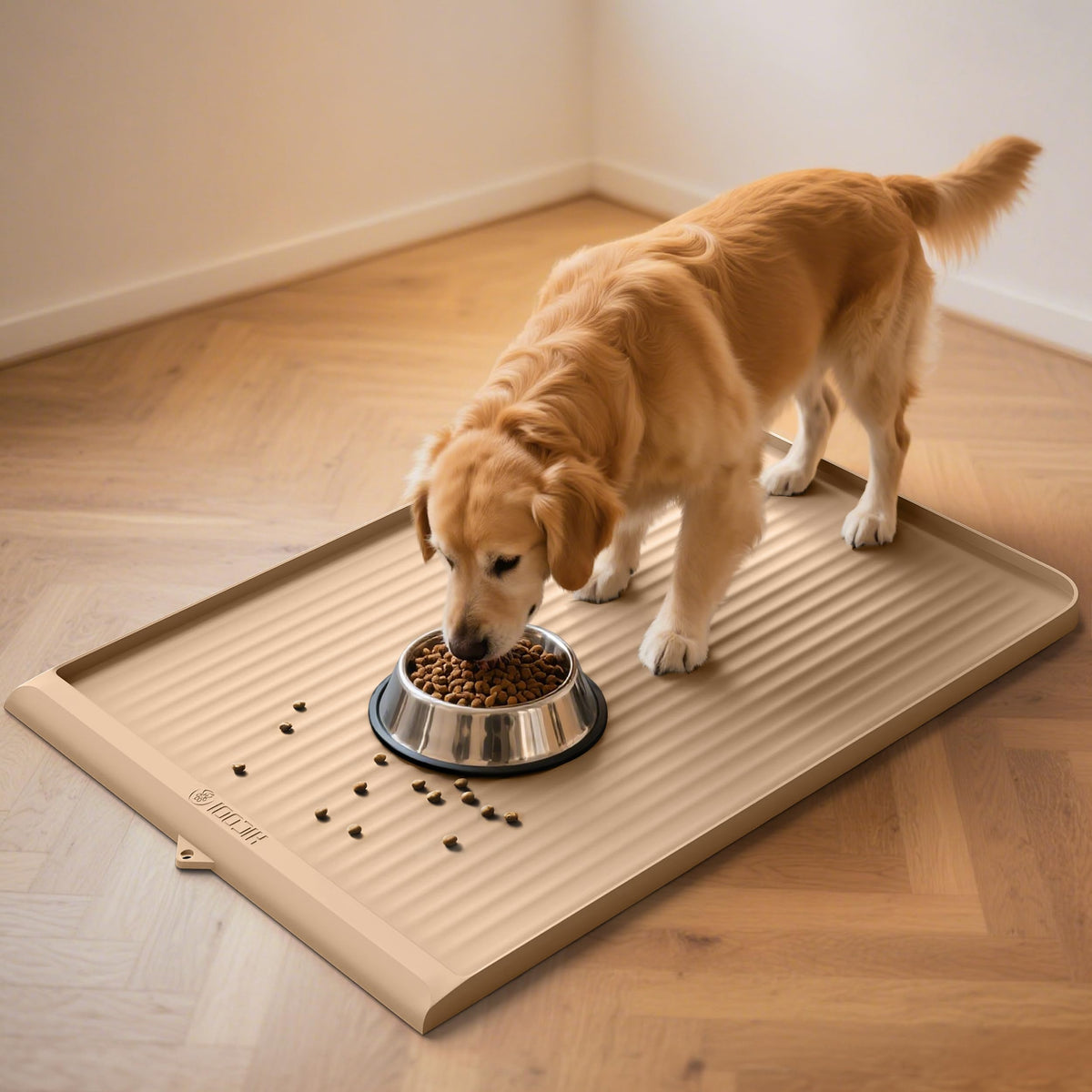 HICOOI dog food mat overview shows large 36x24 size for clean feeding areas