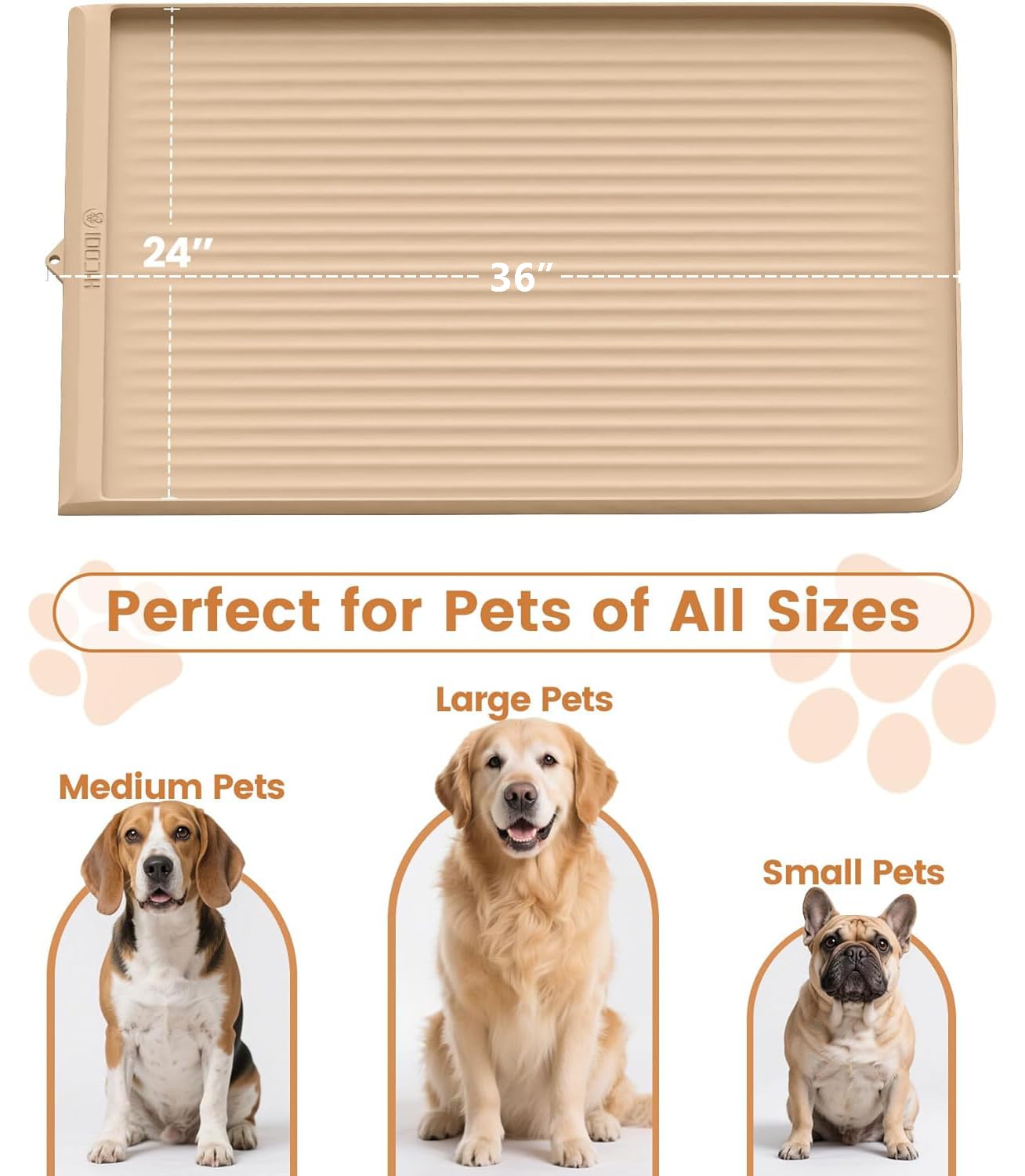 HICOOI khaki dog food mat in a kitchen scene blends style with function