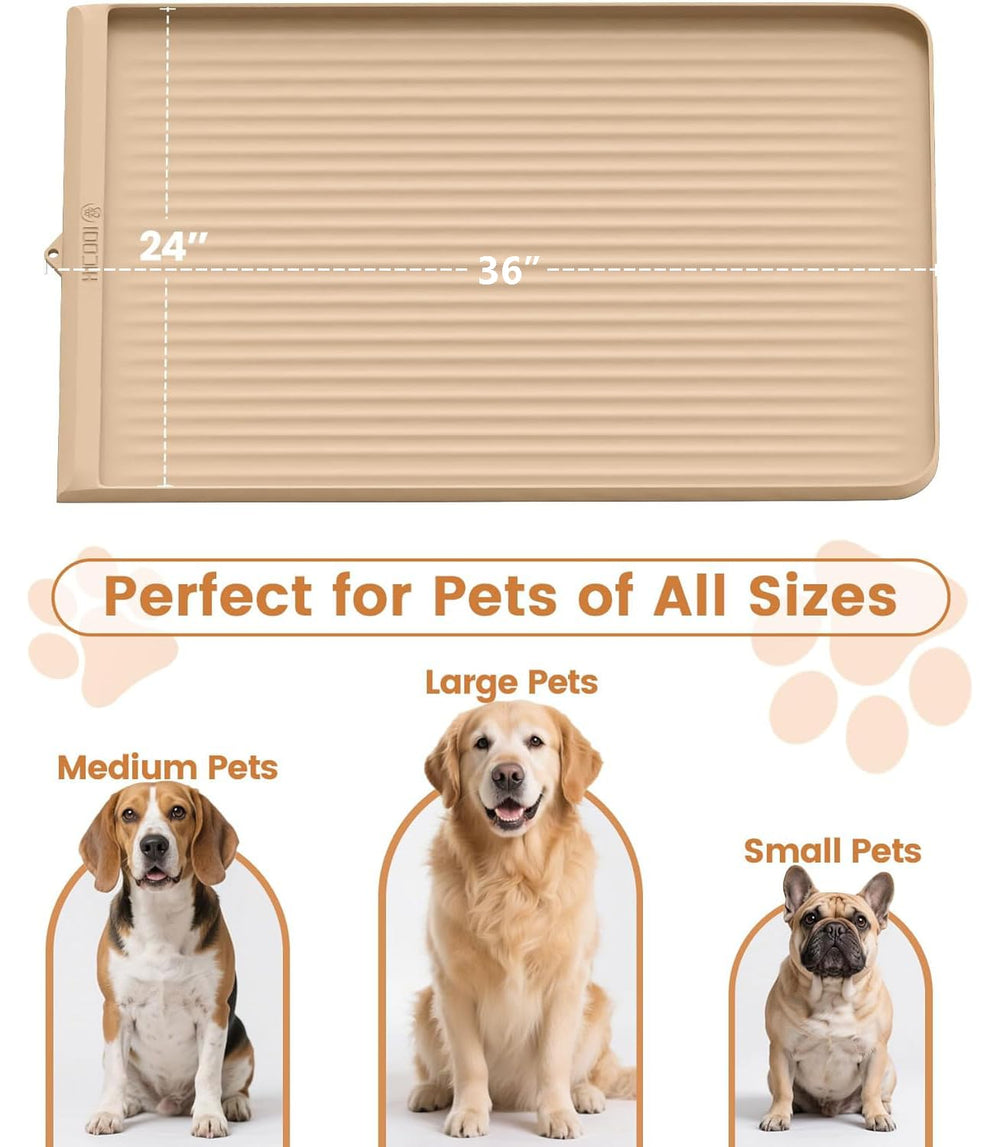 HICOOI khaki dog food mat in a kitchen scene blends style with function