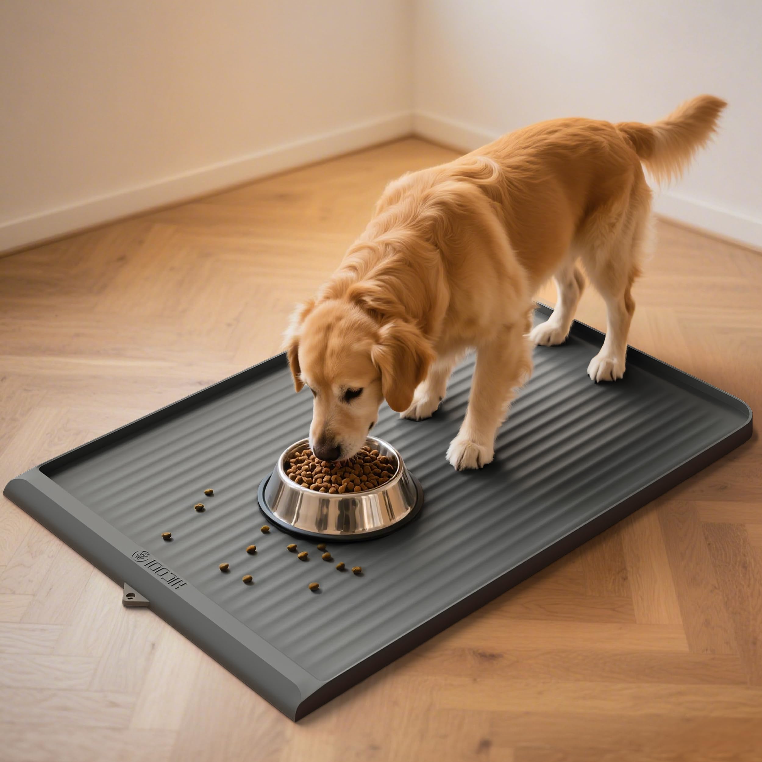HICOOI dog food mat 36x24 laid flat to keep feeding area tidy
