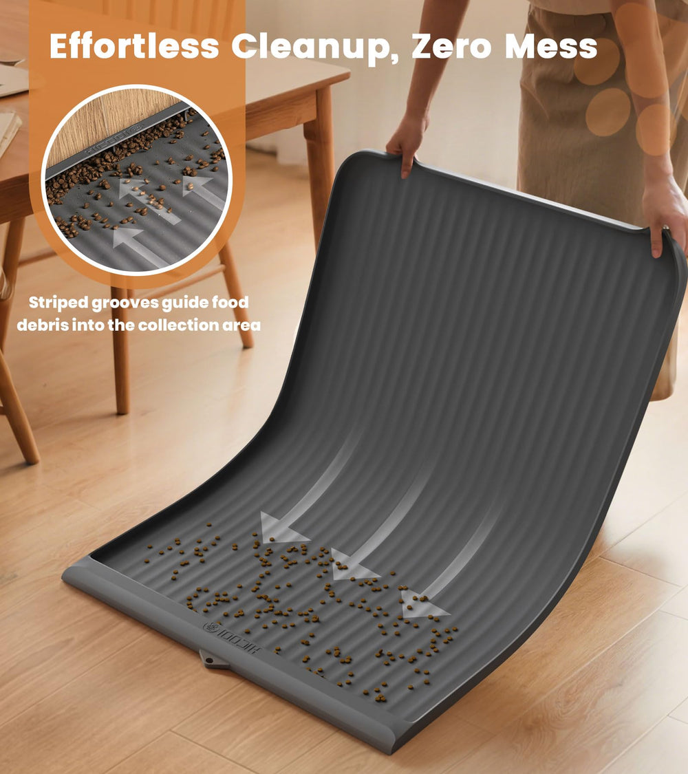 HICOOI dog food mat diversion grooves close-up showing spill channels for easy cleanup