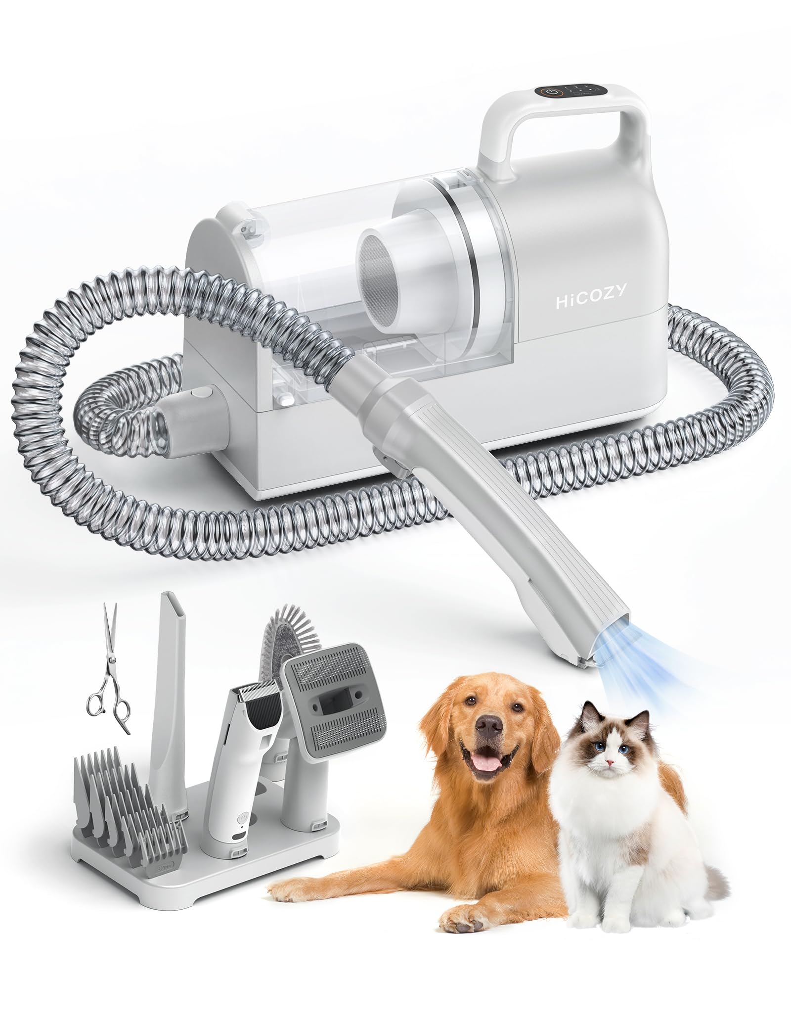 Hicozy S1+ front view showing compact, quiet grooming vacuum for pets.