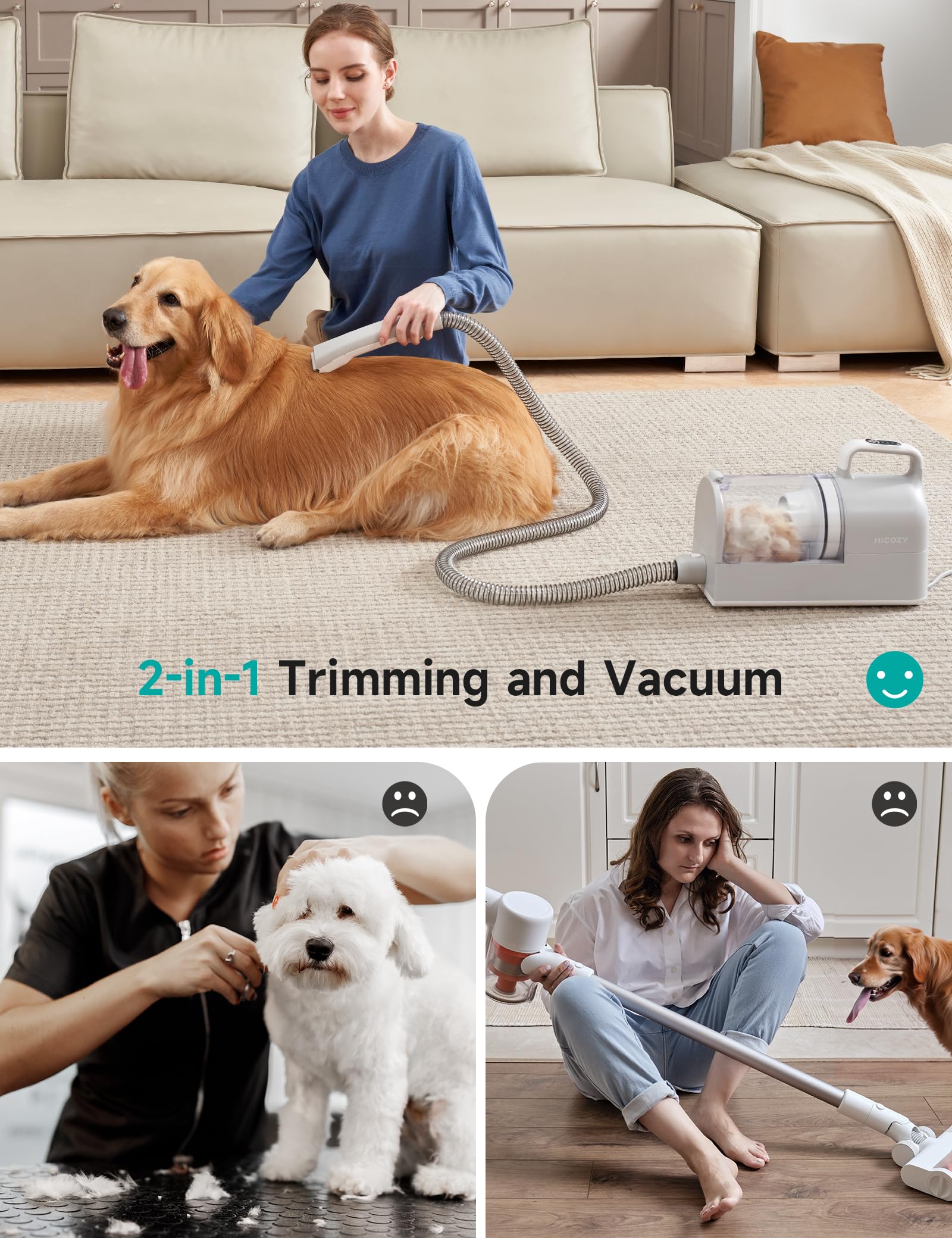 Hicozy S1+ nozzle and brush for fur cleanup on floors and furniture.