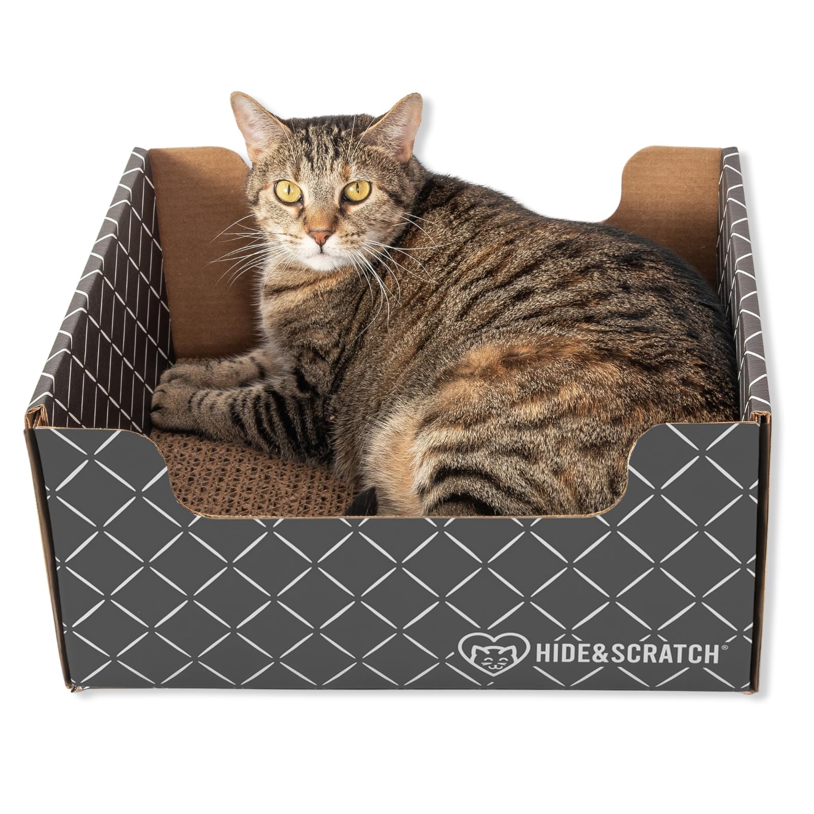 Hide & Scratch cardboard scratcher box bed inviting feline enrichment and cozy lounging.