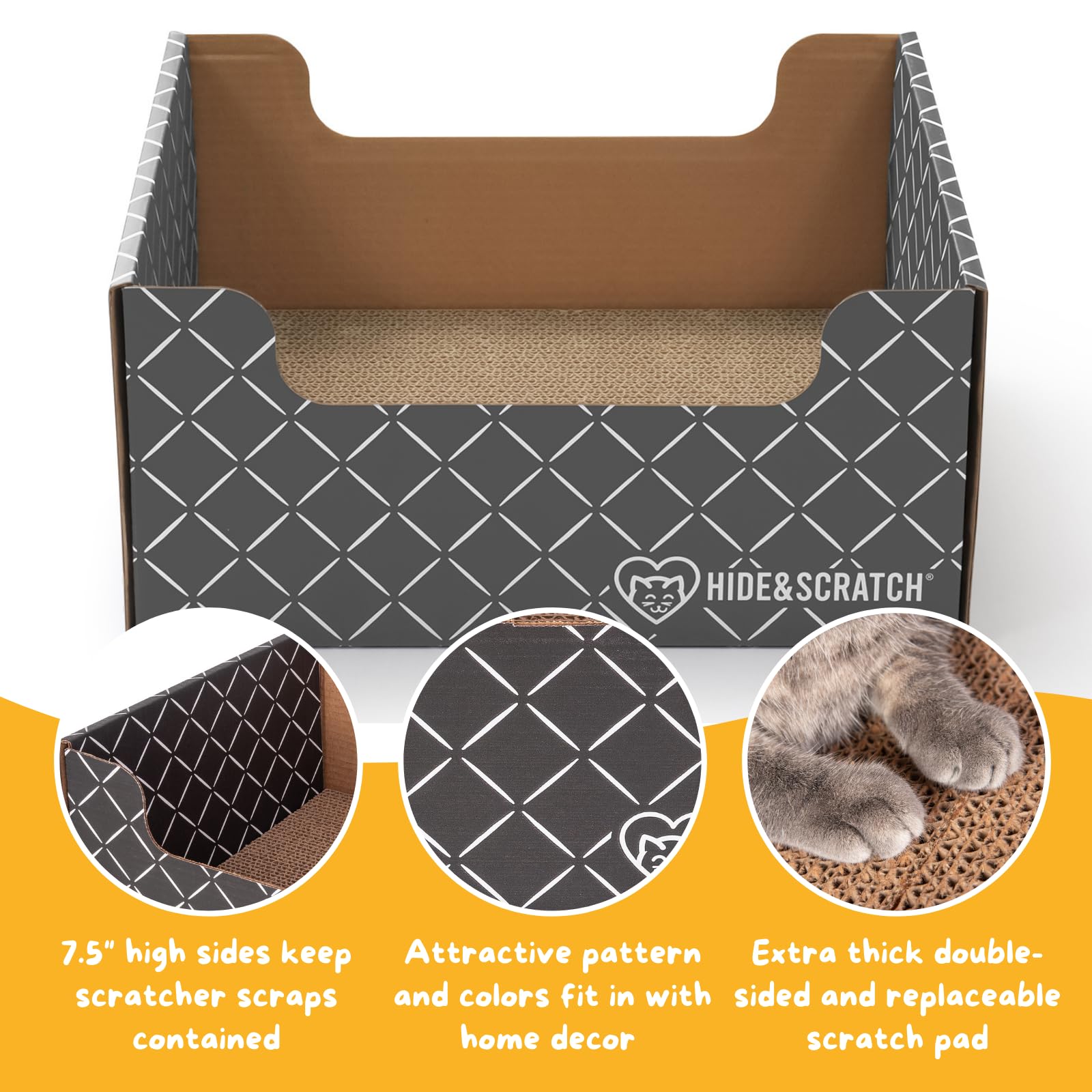 Hide & Scratch cat enjoying the box and scratch surface for multi-use enrichment.