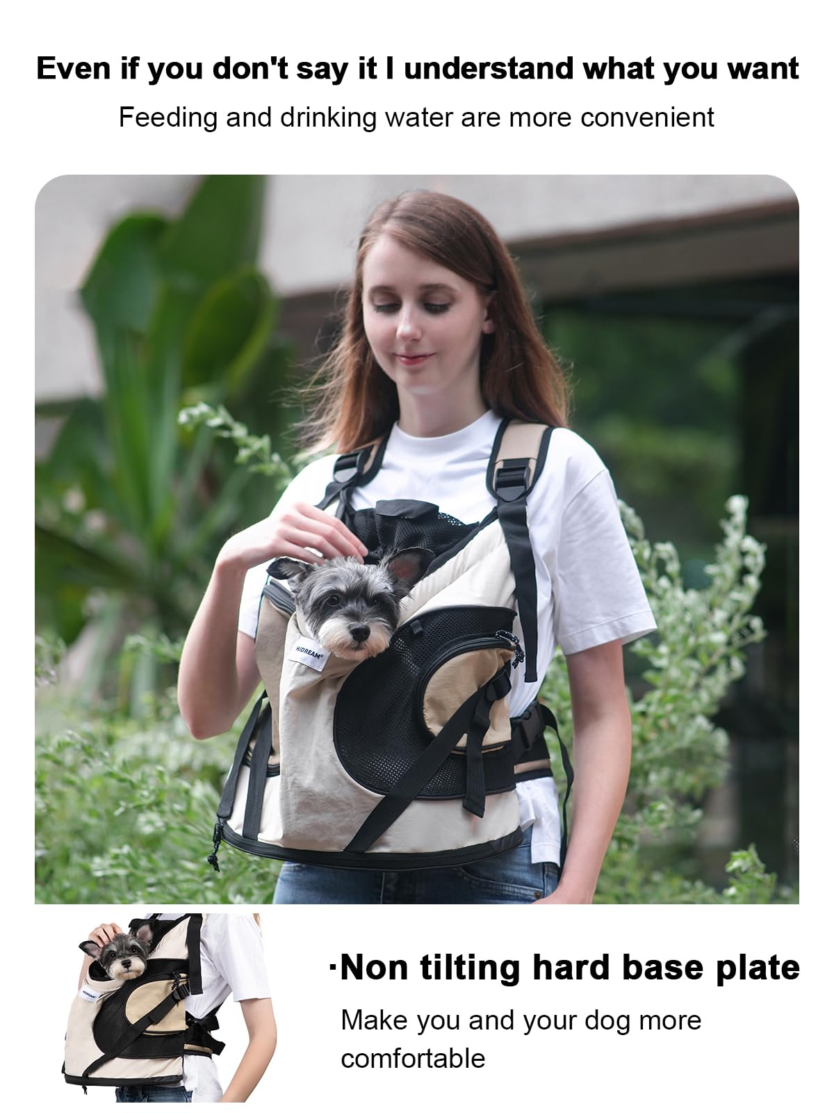 H HIDREAM dog carrier side view beige showing two pockets for essentials.