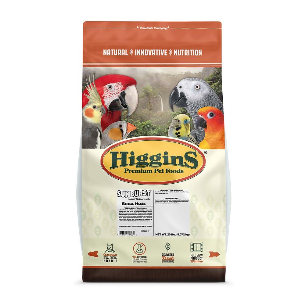 Higgins Avian Boca Nuts No Shell Treat Bits for Birds provide foraging enrichment.