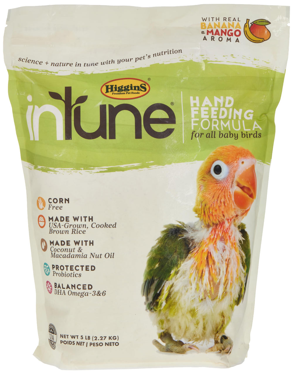 Higgins Intune 5 lb bag of natural hand-feeding bird food for chicks.