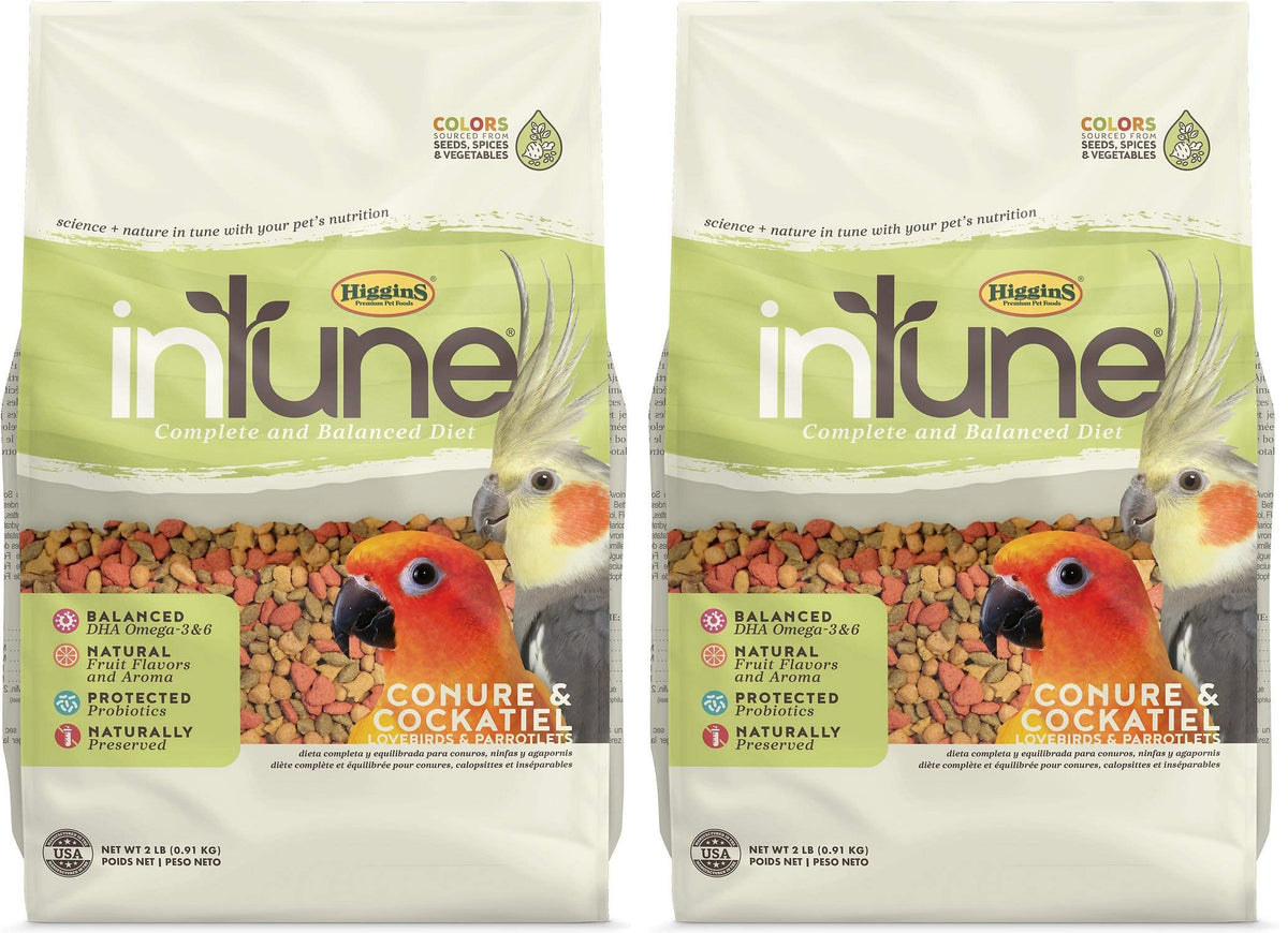 Higgins Intune conure and cockatiel food bags—two-pack convenience for fresh meals