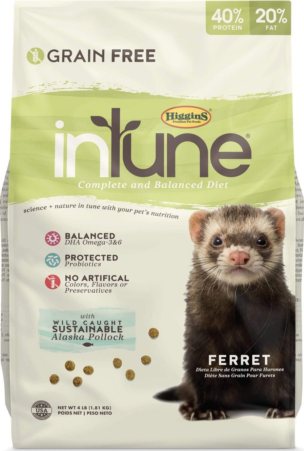 Higgins Intune Ferret 4lb bag highlighting grain-free formula for healthy skin and coat
