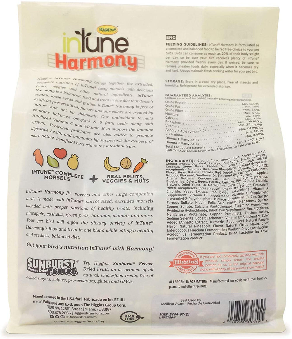 Higgins Intune Harmony 2-pack front view highlights convenient multi-pack for households with parrot nutrition