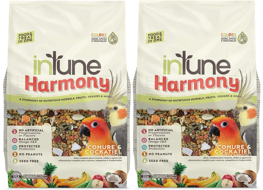 Higgins Intune Harmony bag front shows balanced parrot diet for conures