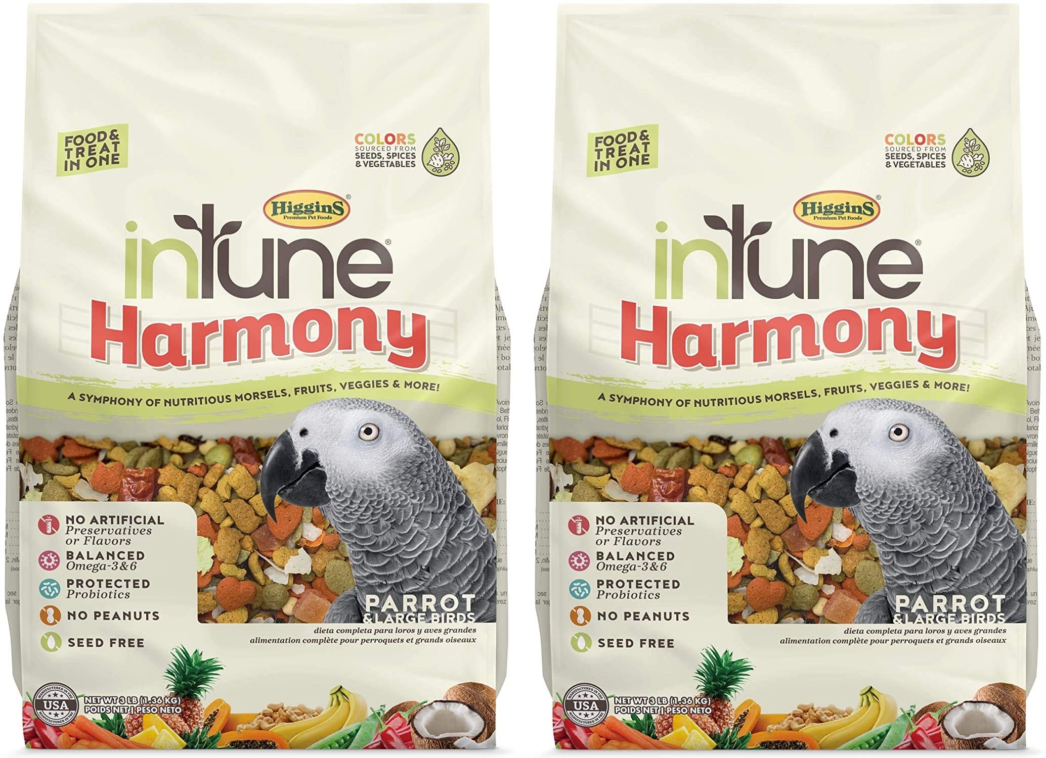 Higgins Intune Harmony bird food pellets in bowl showing balanced nutrition for parrots