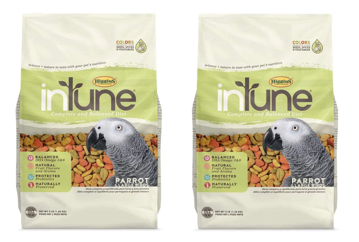 Higgins InTune parrot food bag with natural fruit aroma enhances feeding