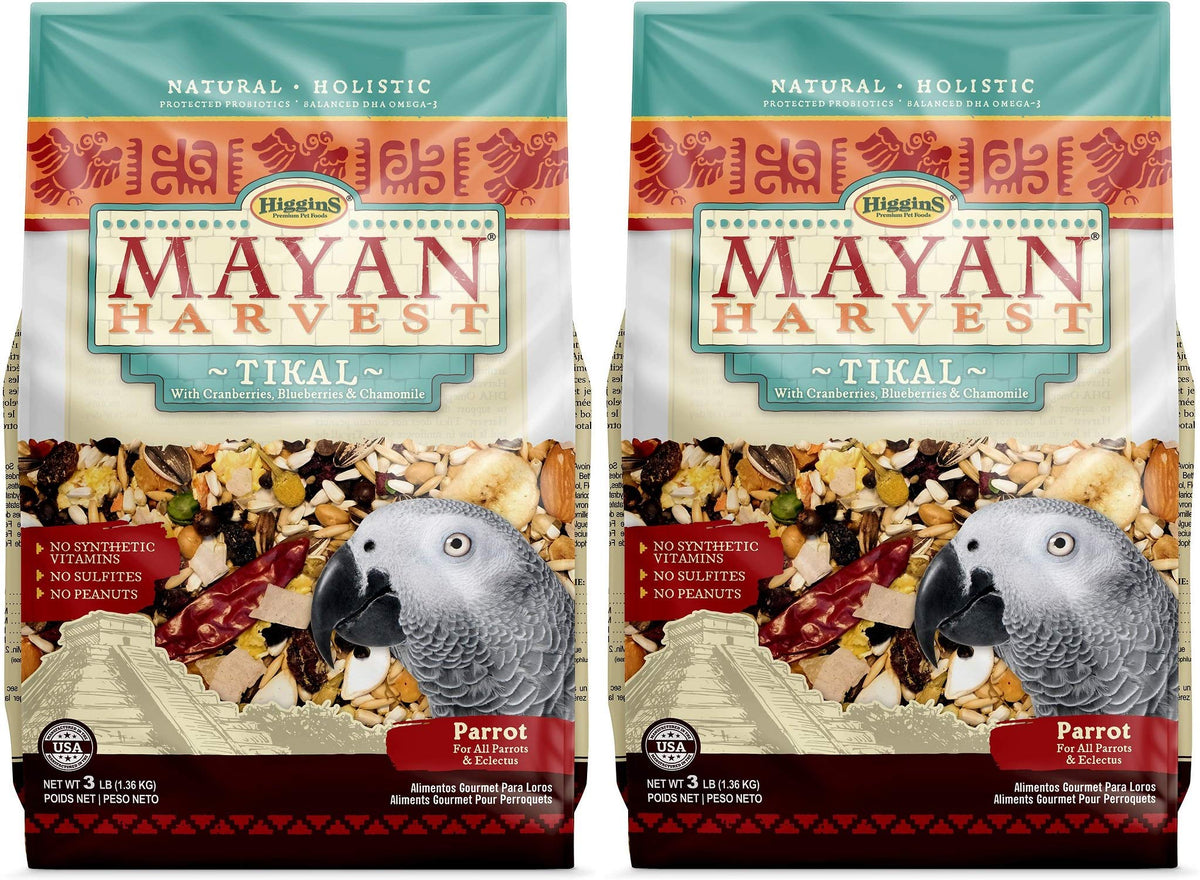 Higgins Mayan Harvest Tikal parrot food pack front view highlighting balanced nutrition
