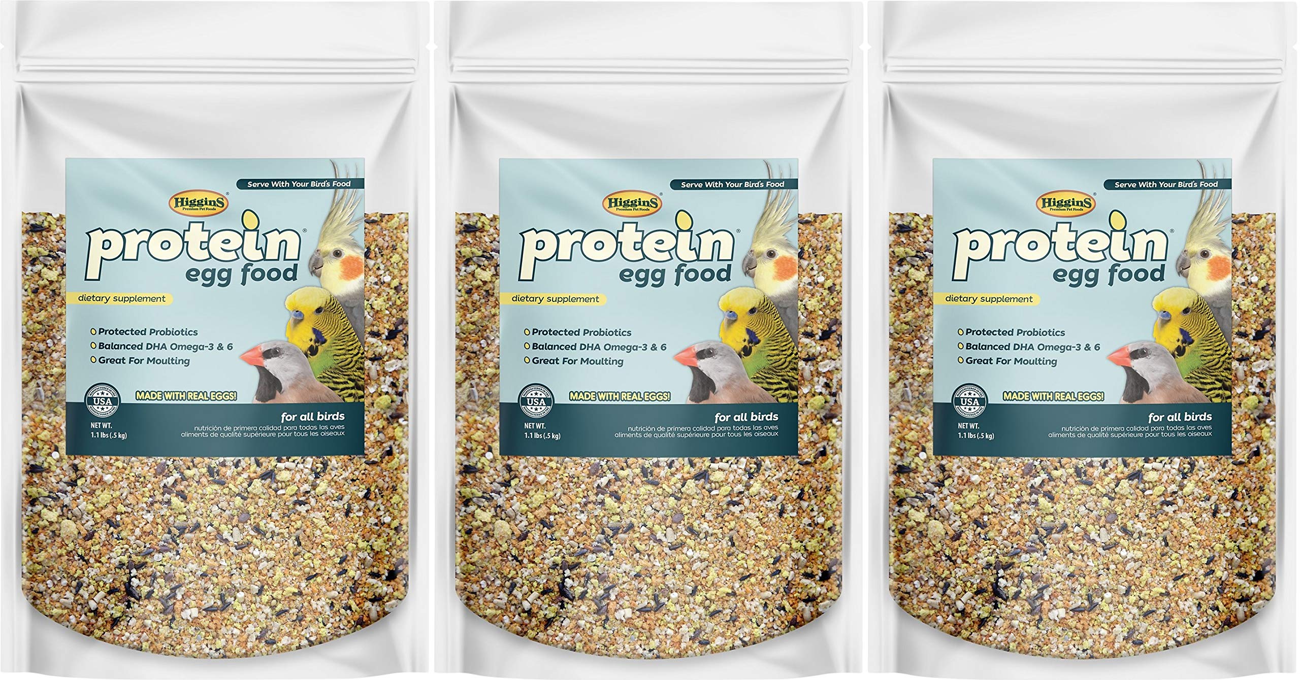 Higgins Protein Egg Food 3-pack 1.1 lb each, protein-rich blend for all birds
