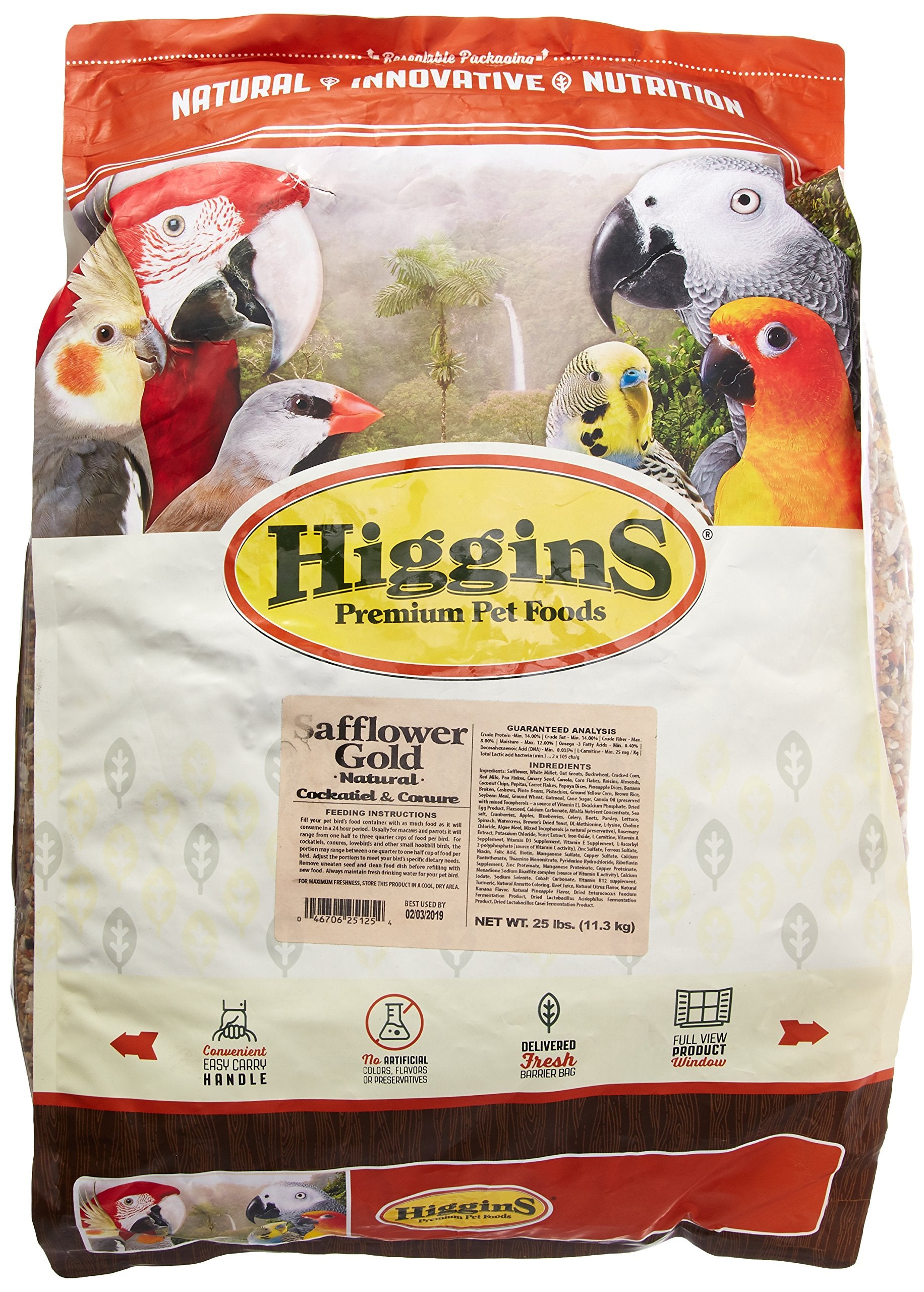 Higgins Safflower Gold bag closeup showing premium safflower seed blend for small hookbills.