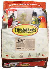 Higgins Safflower Gold bag closeup showing premium safflower seed blend for small hookbills.
