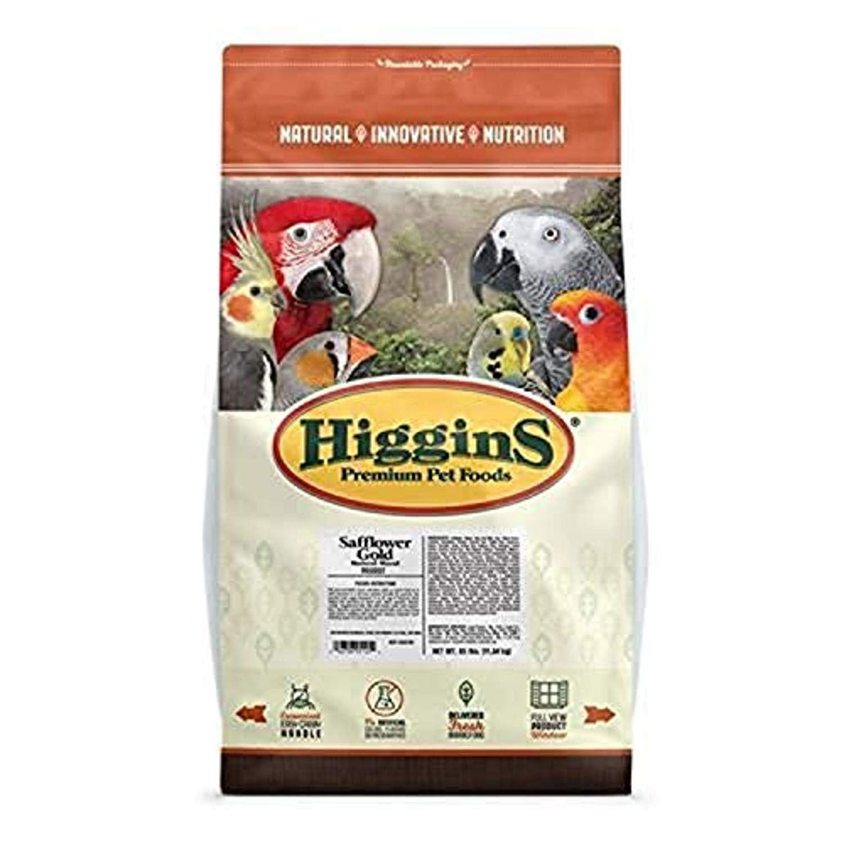 Higgins Safflower Gold Parrot Food bag—sunflower-free nutrition for parrots